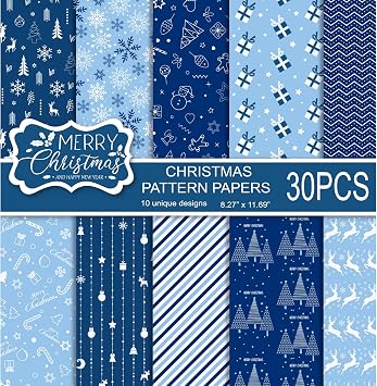 MIAHART 30 Sheets Merry Christmas Pattern Paper Set A4 Size 10 Designs Festival Decorative Craft Paper Double-Sided for Card Making Scrapbook, Blue and White