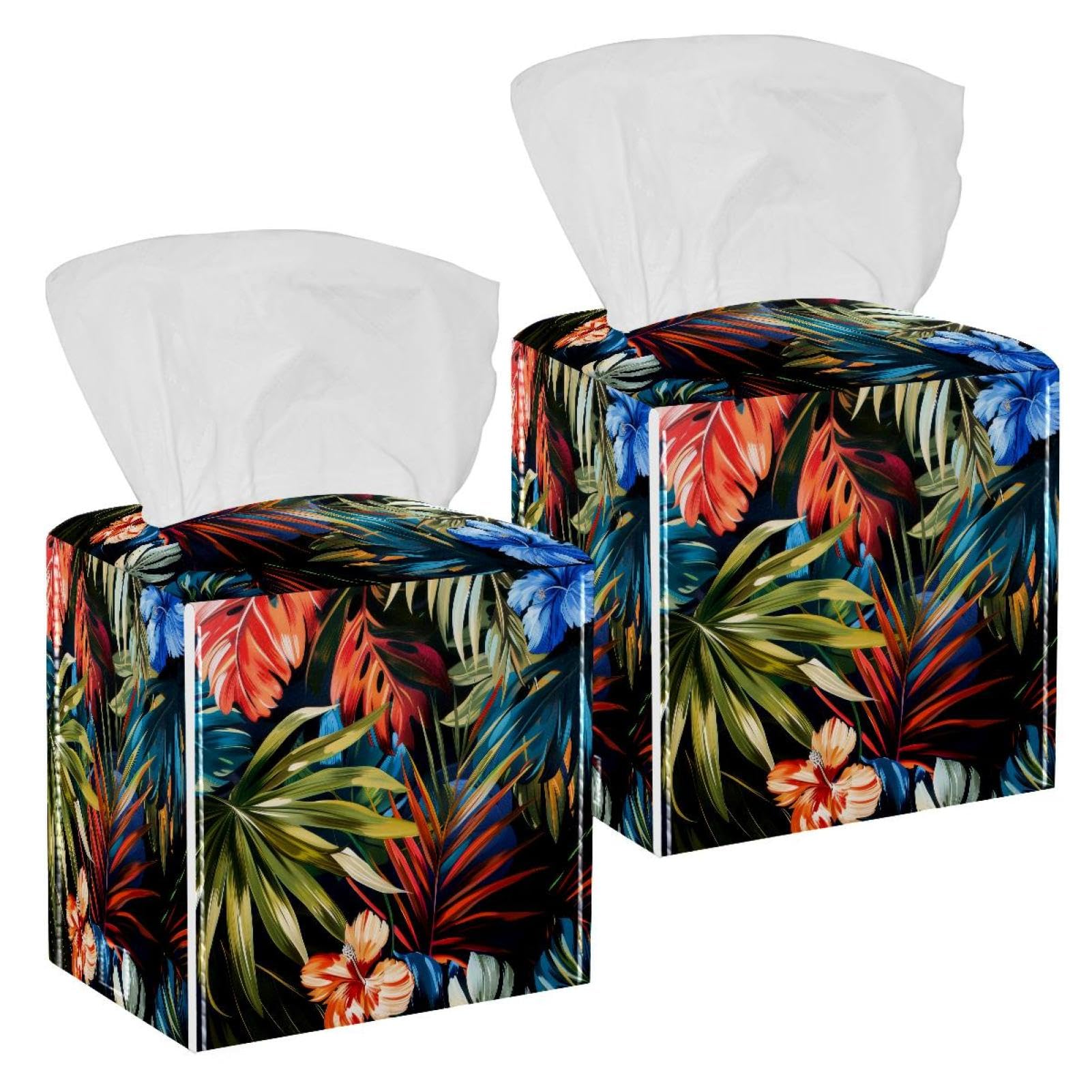 Tropical Palm Tissue Box Cover, 2 Pack PU Leather Square Facial Tissue Dispenser Box holder for Home Office Car