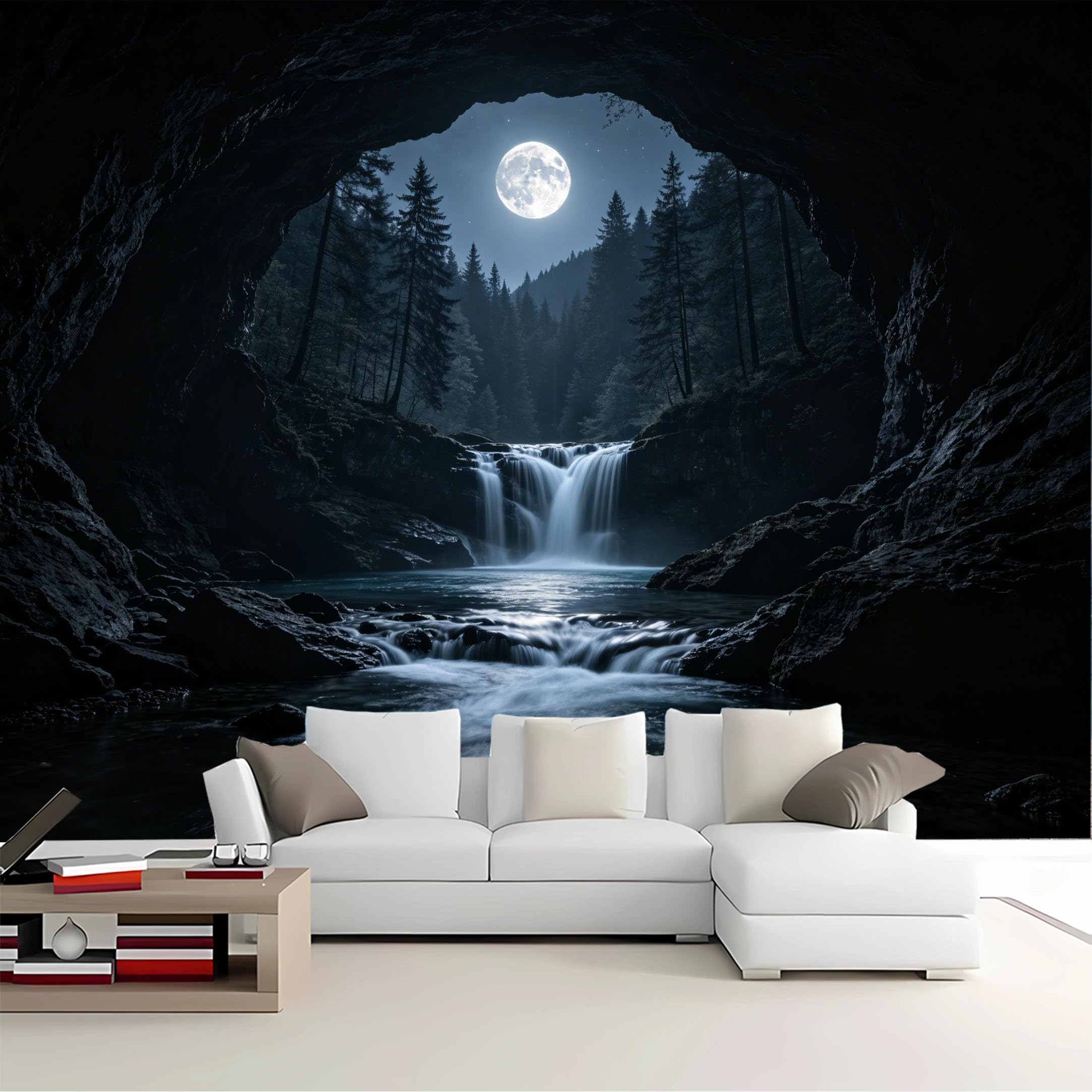 Custom Size Wall Mural Cave View Moonlit Waterfall Removable Self Adhesive Peel and Stick Wallpaper for Bedroom Living Room Dining Room
