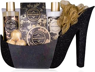 Accentra bath set BODY LUXURY in glitter pump in black with vanilla scent | Gift Set for Women with Shower Gel, Body Lotion, Bath Salt, Exfoliation, Bath Bombs and Mesh Sponge for Birthday Mother's Day