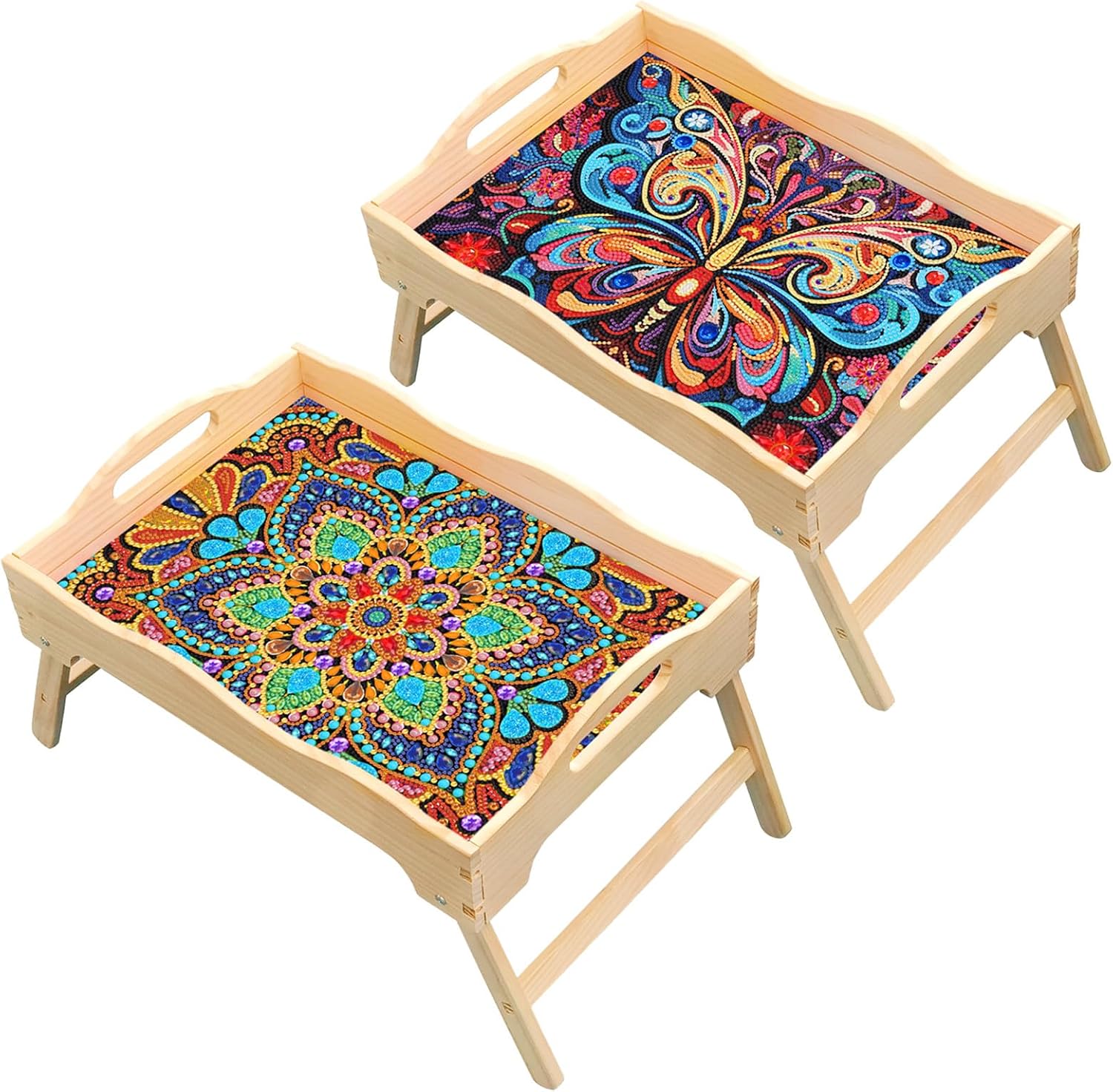 DIY Art Painting Bed Table Wooden Tray Kit, Food Tray with Handle Diamond Table Decoration Tray with Table Stand, for Breakfast, Dinner Table Diamond Dots Gem Painting Art Set (#01-Mandala)