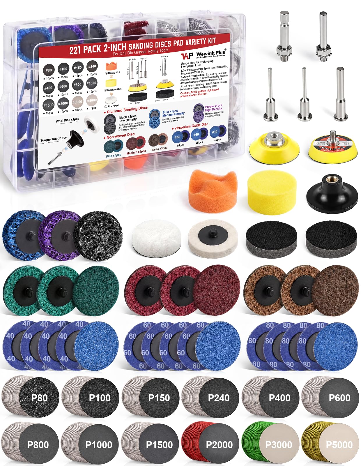 221 dischi abrasivi per smerigliatrice da 5 cm, accessori con blocco a rullo da 1/4 '' per smerigliatrice Milwaukee M12, attacco per trapano elettrico per condizionamento superficiale, levigatura e