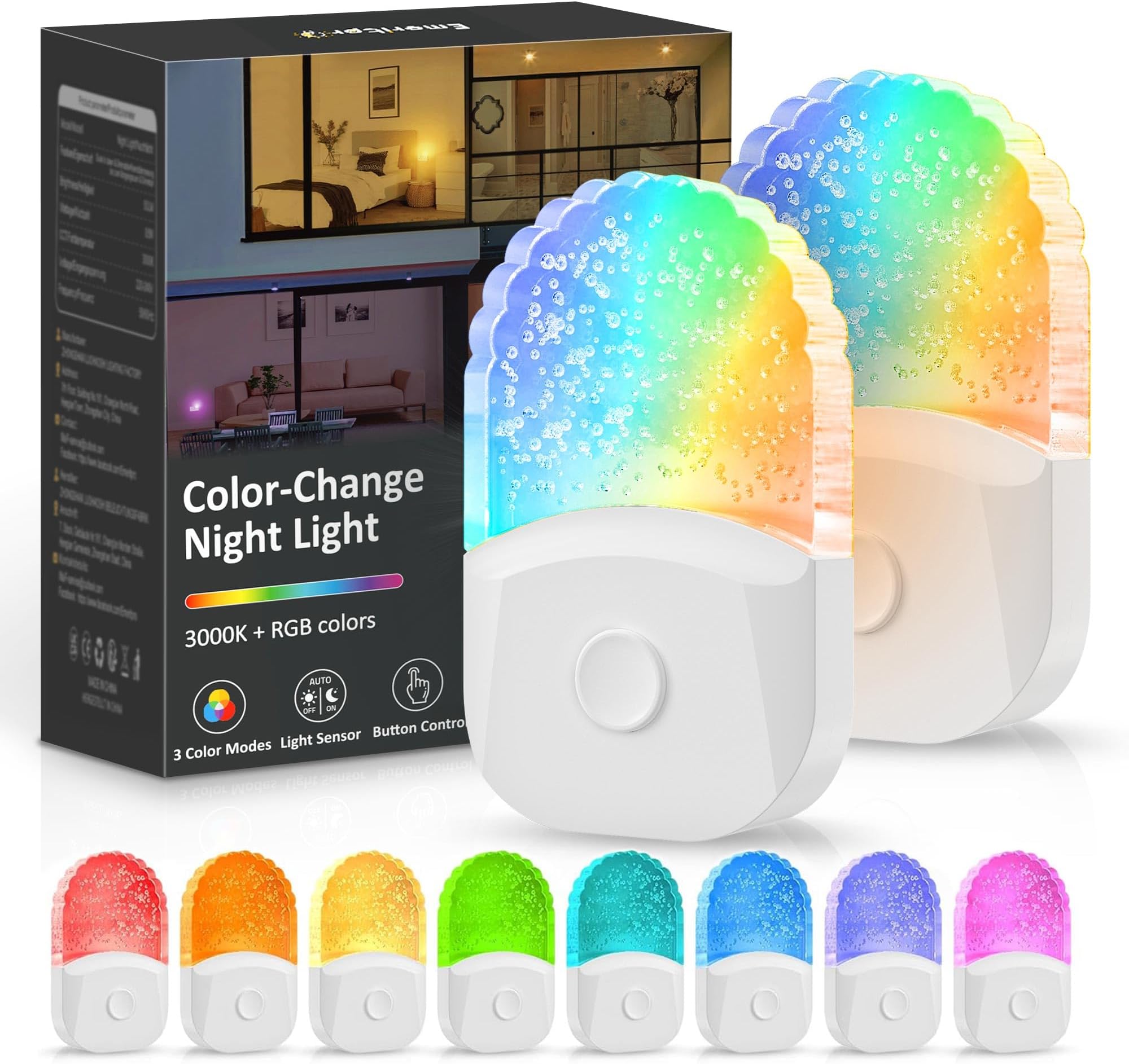 Emeritpro Night Light Plug in Wall with Dusk to Dawn Sensor, 0.5W Warm White+RGB Colorful Night Light, 3 Lighting Modes, Acrylic Plug in Wall Light for Hallway, Baby, Bedroom, Garage, 2 Pack