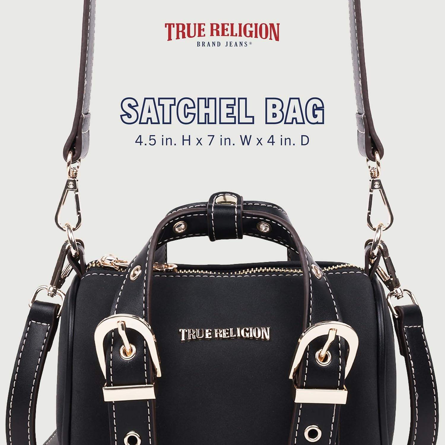 True Religion Metal Plaque Quilted Crossbody Bag, Quilted Shoulder Purse with Gold Logo and Adjustable Handbag - Image 2