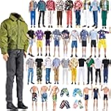 E-TING 15pcs Fashion Clothes Pack = 5pcs Casual Outfit + 5pcs Pants +5 Pairs Shoes for 12inches Boy Doll Random Style (Green Bomber Jacket + Daily Suit + Swimwear)
