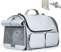 FUKUMARU Airline Approved Cat Carrier for Cats Under 15 lbs - Soft-Sided Travel Bag with 4 Mesh Windows, Rollable Cover, Safety Leash, Grey