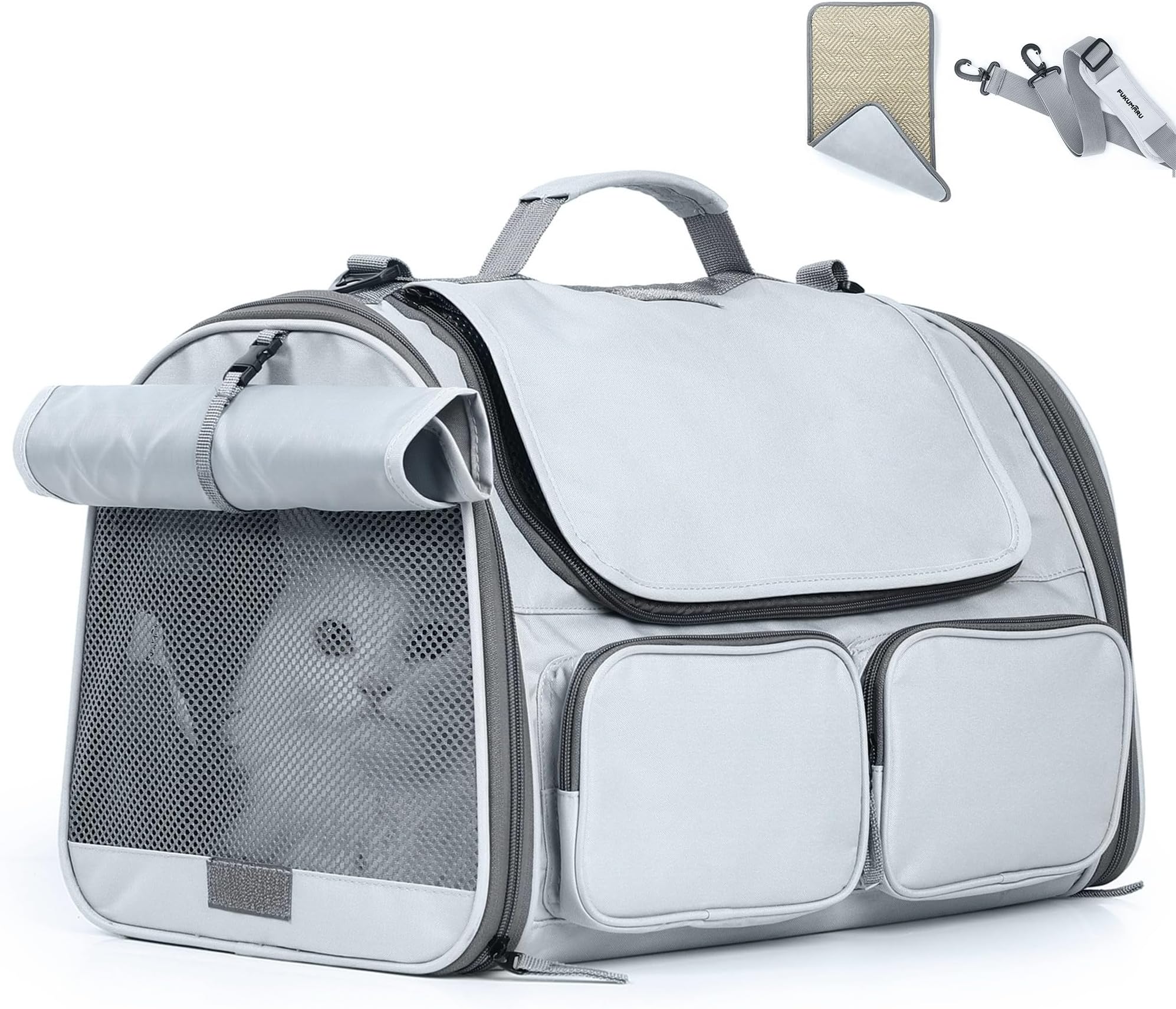 Cat Carrier, Soft-Sided Small Dog Carrier, Large Cat Travel Bag with 4 Mesh Windows, Under 15 lb Airline Approved Pet Carrier with 4 Storage Pockets, Rollable Cover for Nervous Cats, Grey