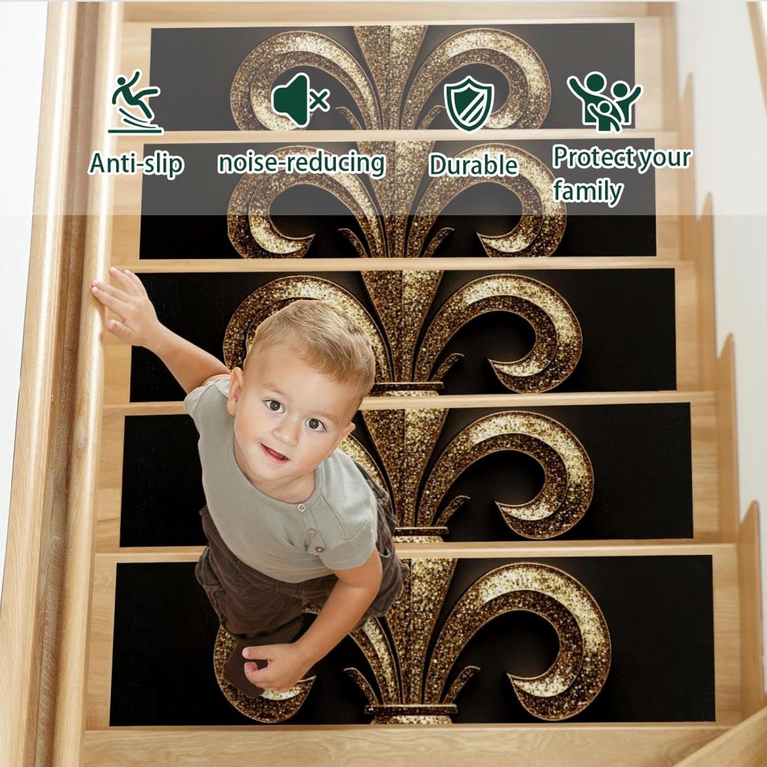 15 Pack Fleur de Lis (10) Stair Treads,8" X 30" Non Slip Carpet Stair Treads Reusable Staircase Step Treads Carpet Treads for Wooden Steps Indoor