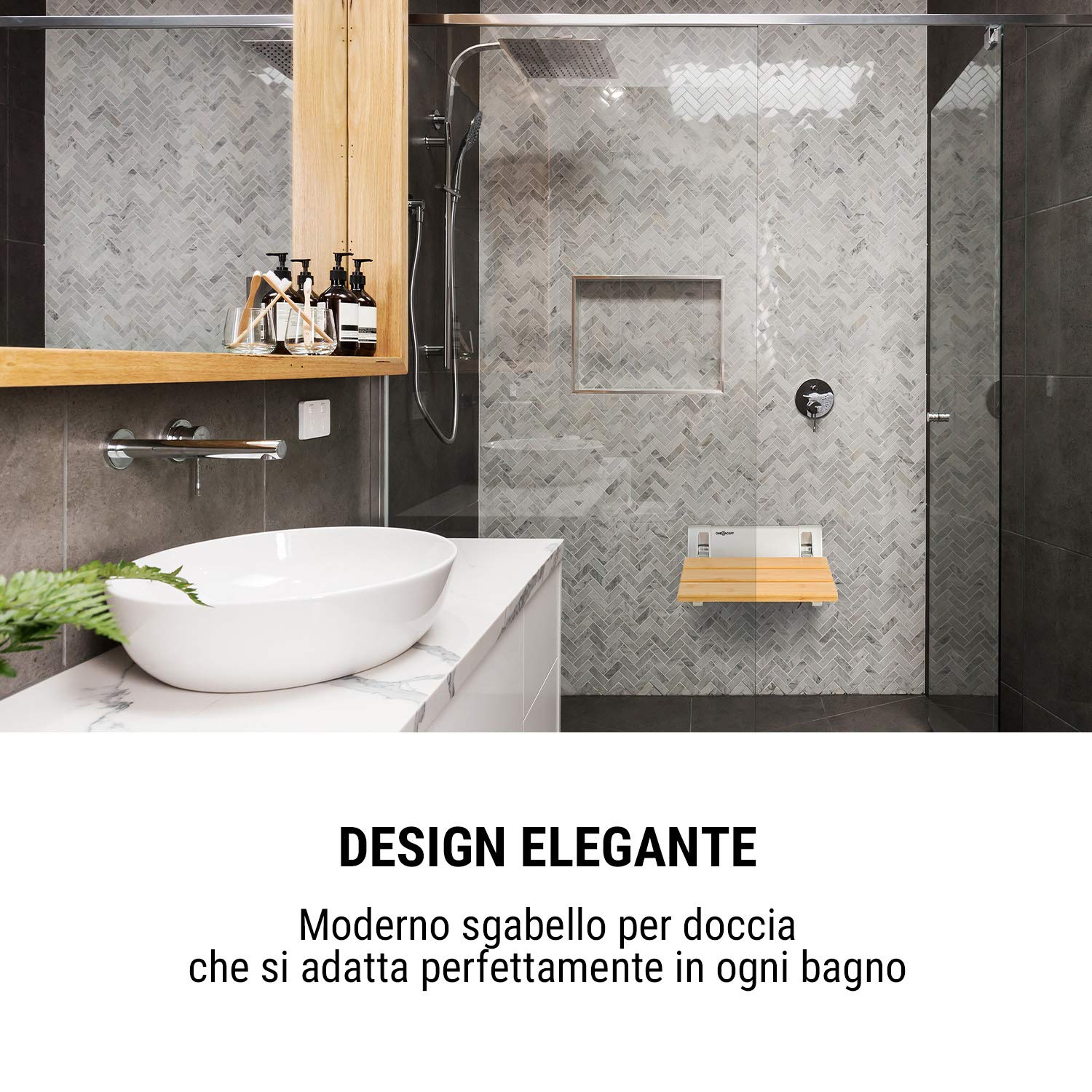 Oneconcept Arielle - Sedile da Doccia Pieghevole, Superficie in Bambù, Gancio in Alluminio, Peso max.: 160 kg, incl. Materiale di Montaggio, Stile: Classic, Legno