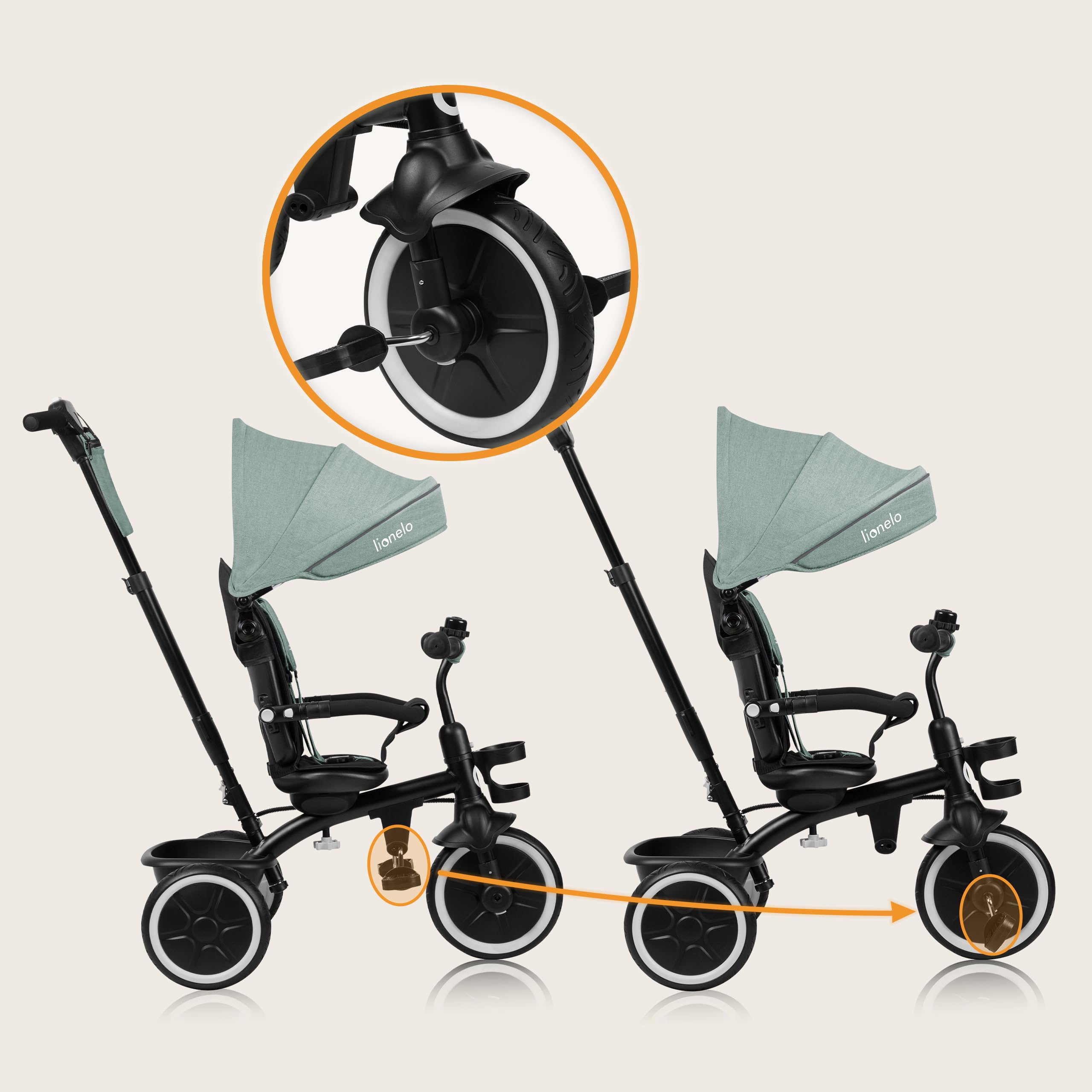 LIONELO Berry Triciclo Multifuncional de Paseo Silla de Paseo de 9 Meses a 5 años a 25 kg Ruedas Grandes de PU, Triciclo Asiento Giratorio 360° Montaje sin Herramientas