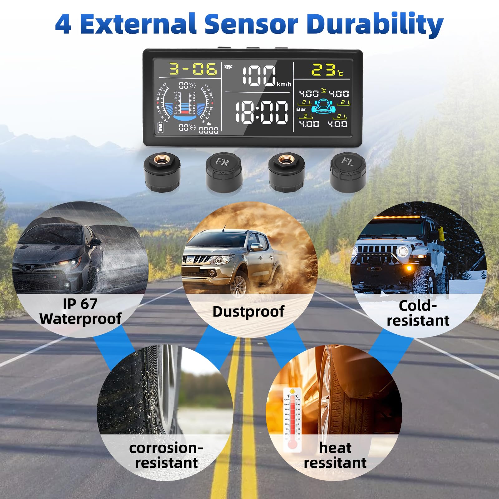 Sistema di Monitoraggio della Pressione dei Pneumatici TPMS HUD 0-199psi, 4 Sensori con Nucleo in Ottone, Solare USB, 6 Modalità di Allarme, Auto Furgoni Camper Rimorchi Caravane Camion