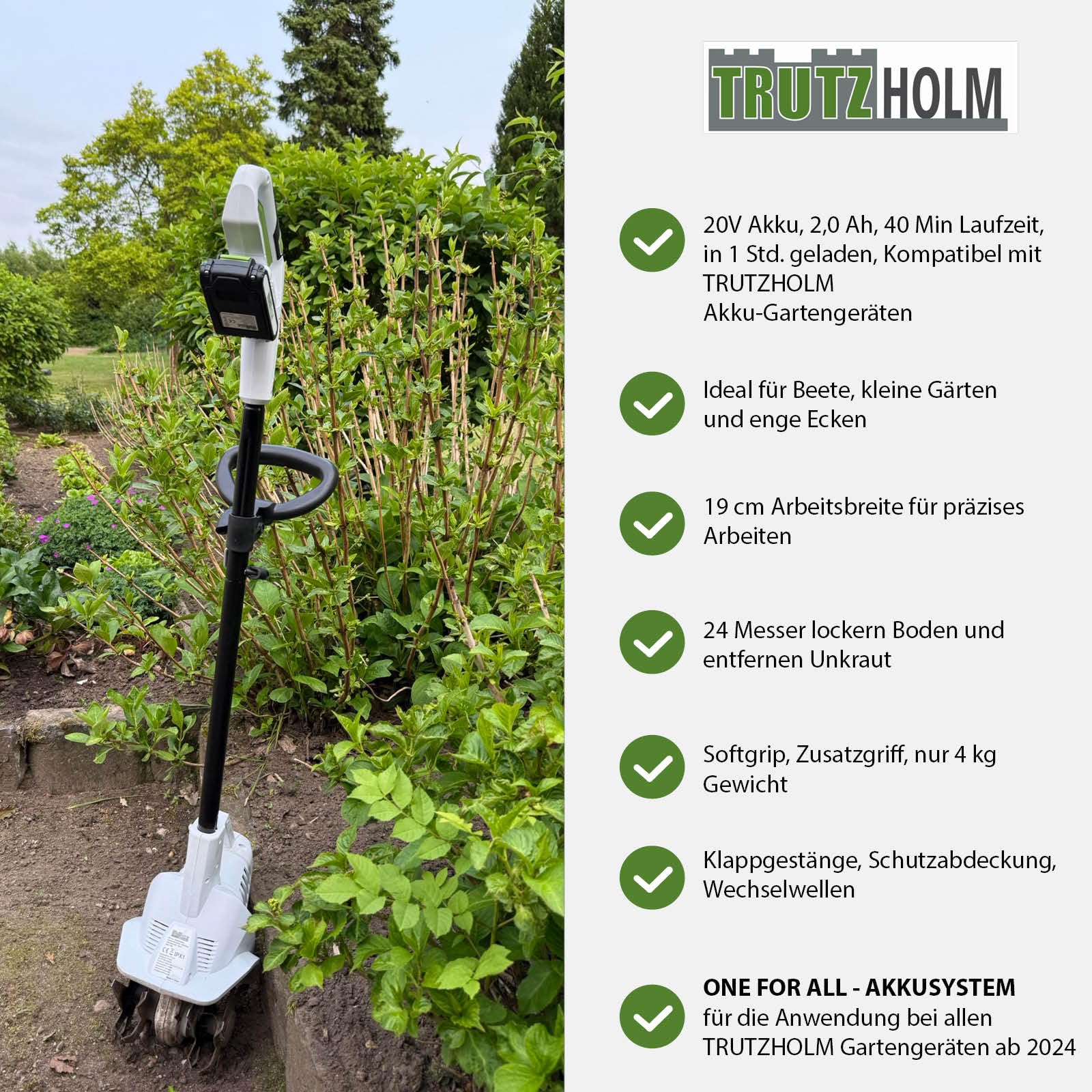 TRUTZHOLM Akku Bodenhacke 20V/2.0Ah mit Akku und Ladegerät 19 cm Arbeitsbreite 24 Klingen 15,5 cm Arbeitstiefe Motorhacke Bodenfräse Gartenfräse Kultivator für Beet und Garten