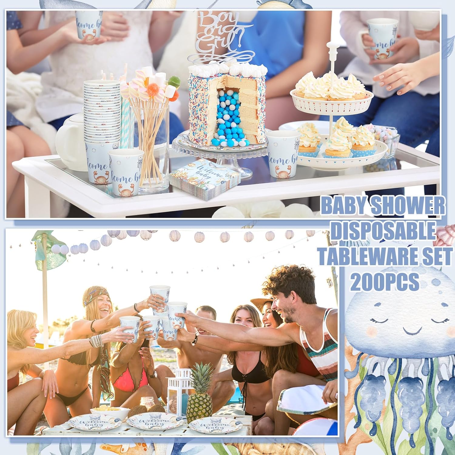 Hushee 200 Pcs Under the Sea Baby Shower Paper Plates Napkins Cups Baby Shower Party Supplies Tableware Set Disposable Cup Napkin for 50 Guest Party Decoration
