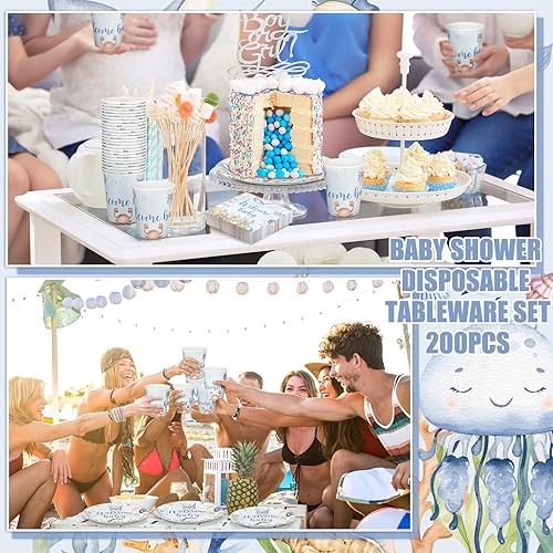 Vista 128 de Hushee Juego de 200 platos florales de papel para baby shower, servilletas, tazas, suministros de fiesta de baby shower, juego de vajilla desechable