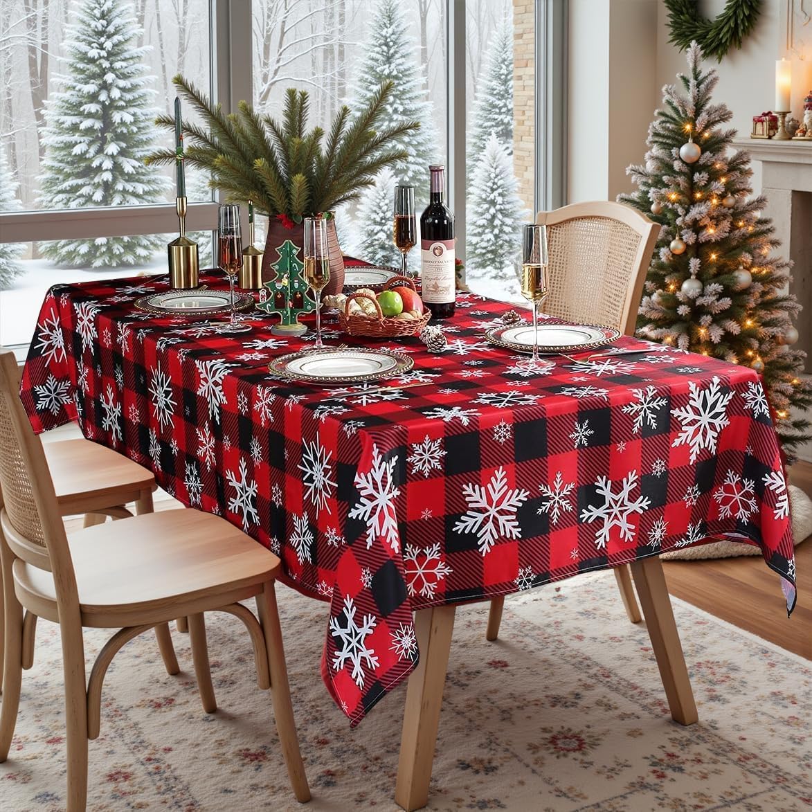 Christmas Tablecloth Rectangle, Plaid Table Cloth with Snowflake Decorations, Heavy Weight & Spillproof Table Cover for Dining & Holidays (Snow Patterns, Rectangle, 60" x 120" (10-12 Seats)) Snowflake Black & Red 120" x 60" (Rectangular)