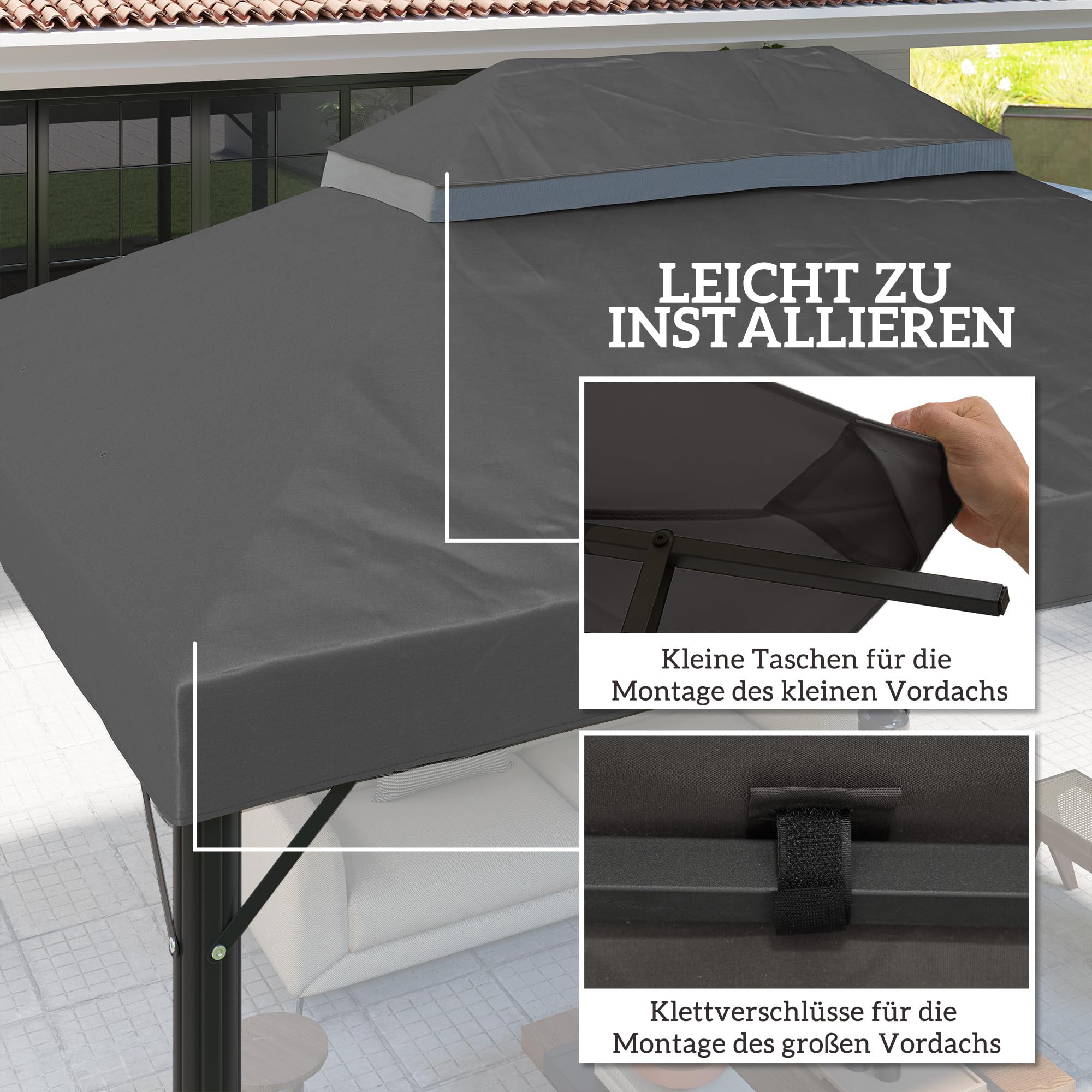 Outsunny Dach zapasowy do pawilonu 3 x 4 m, wodoszczelny, 370 g/m², ciemnoszary | Dach pawilonu z powłoką PCW, podwójny dach, zapasowy pokrowiec do pawilonu ogrodowego, części zamienne z tkaniny Oxford