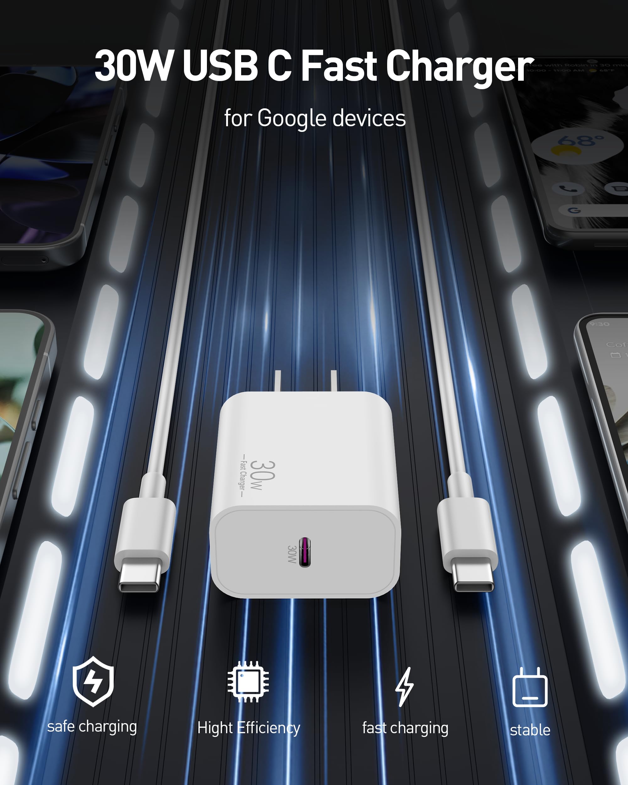 WIDAQUO Pixel 9/8/7/6 Pro Charger, 30W Fast USB C Charger Block for Google Pixel 9/9 Pro XL/9 Pro/8/8 Pro/8a/7/7 Pro/7a/6/6 Pro/6a/5/5a/4/3XL with 60W 6FT USB C to C Cable