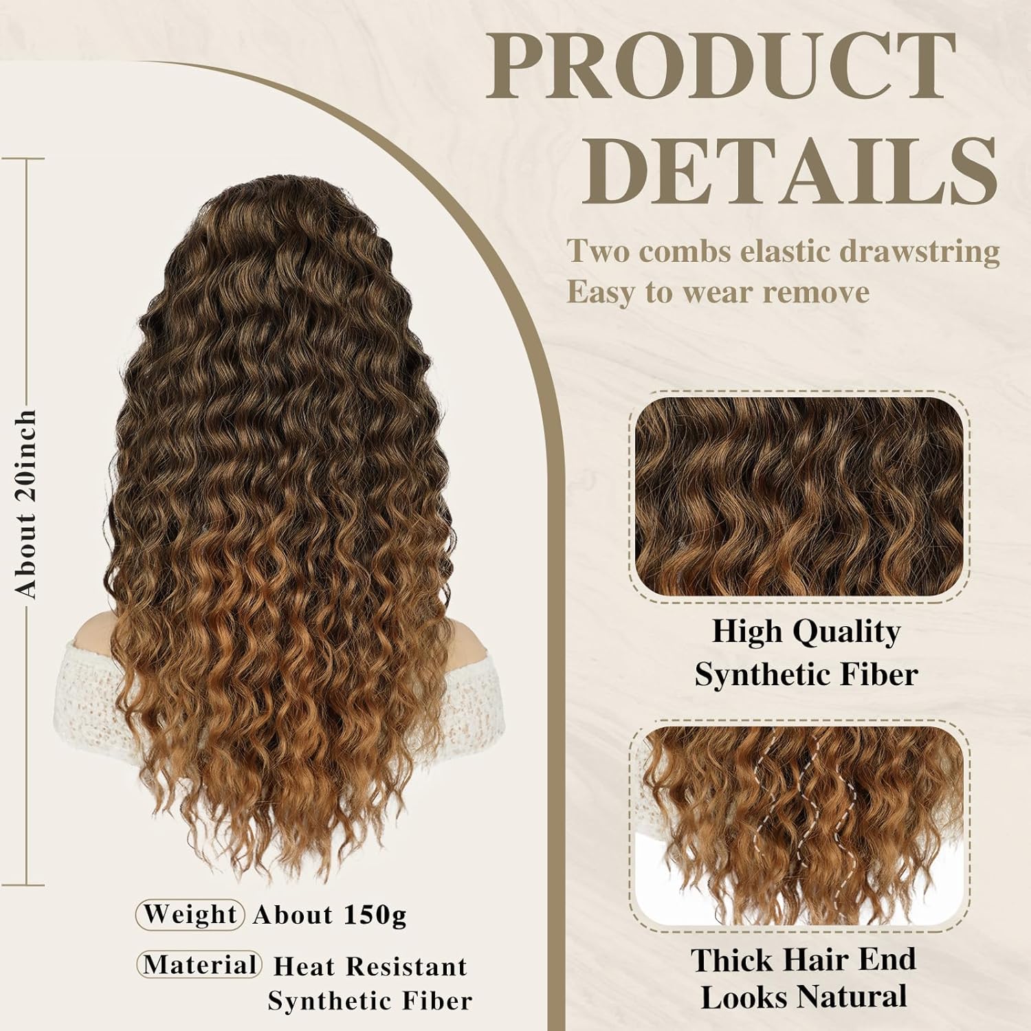 AISI BEAUTY Curly Drawstring Ponytail Extensions for Women 20 Inch Long Curly Ponytail Synthetic Clip In Natural Hairpieces for Daily Use (ZZT1B/27)