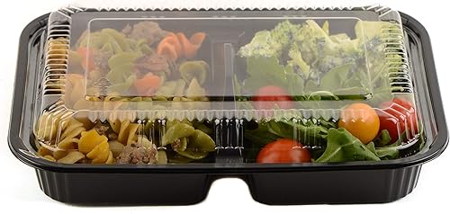 Miniatura 1 de [Paquete de 225] Contenedor desechable negro de 3 compartimentos con tapas, contenedor de preparación de comidas, caja Bento para almacenamiento de