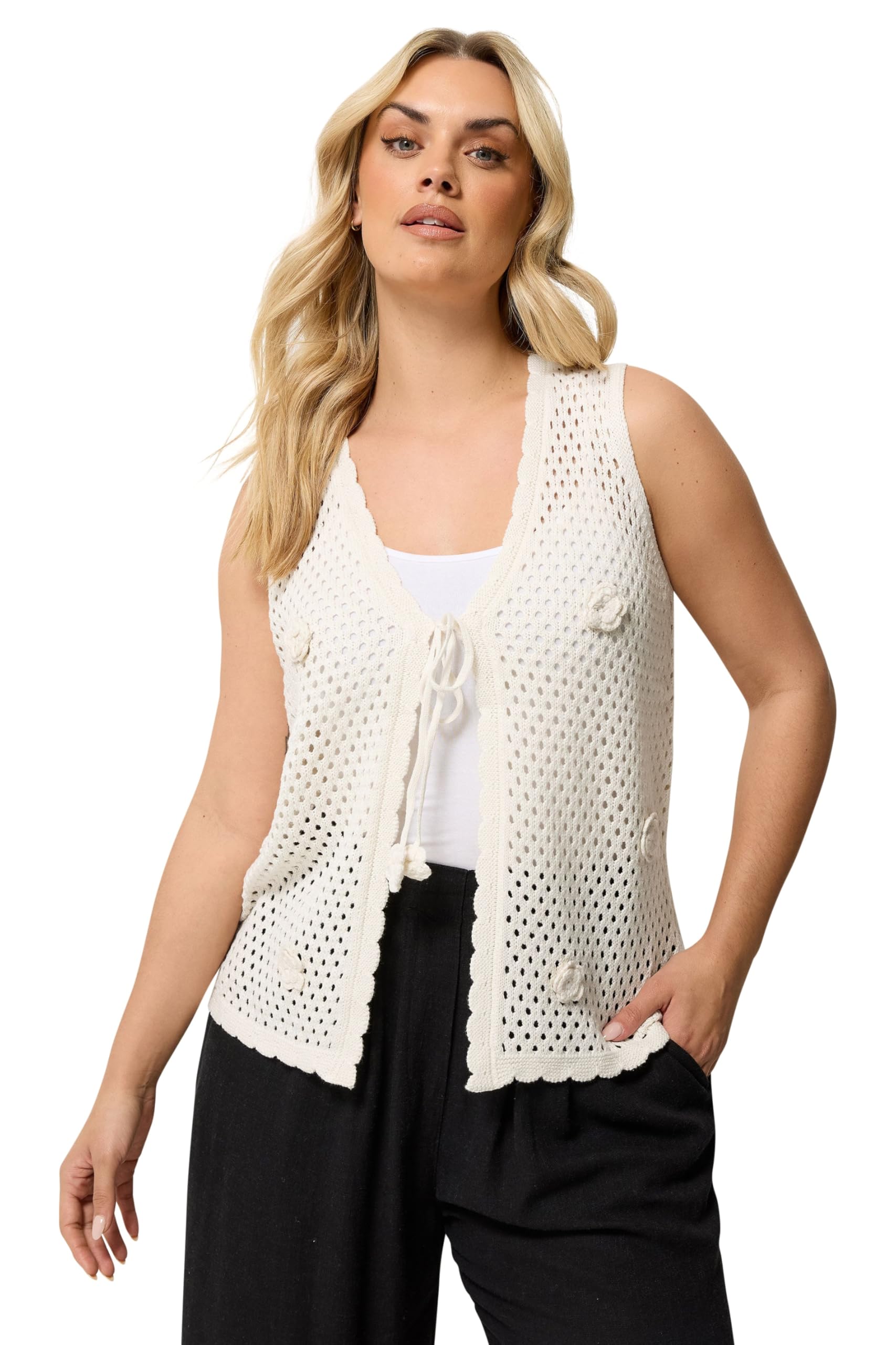 Yours Women's Ivory Floral Applique Knitted Vest In | Size: 14-16