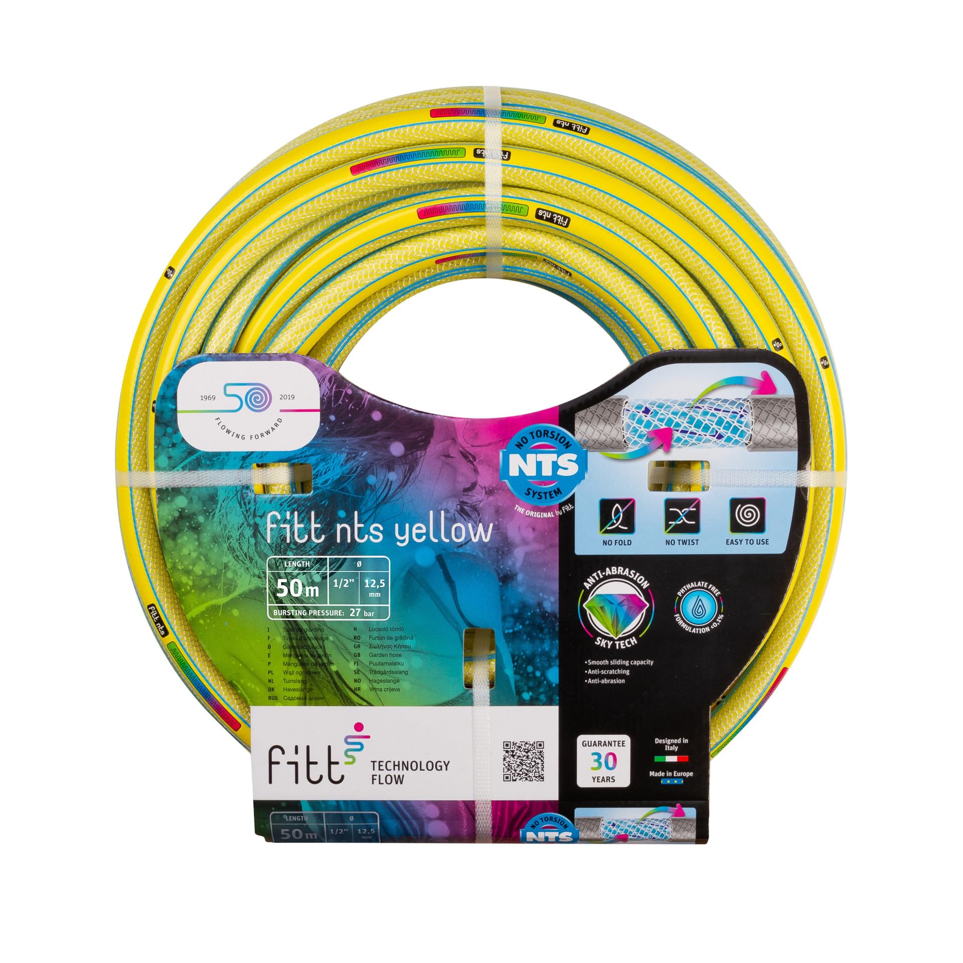 FITT NTS Yellow 1/2" (12,5mm) 50m - Strong and malleable Yellow Garden Watering Hose for Intensive Use Featuring Exclusive Technologies