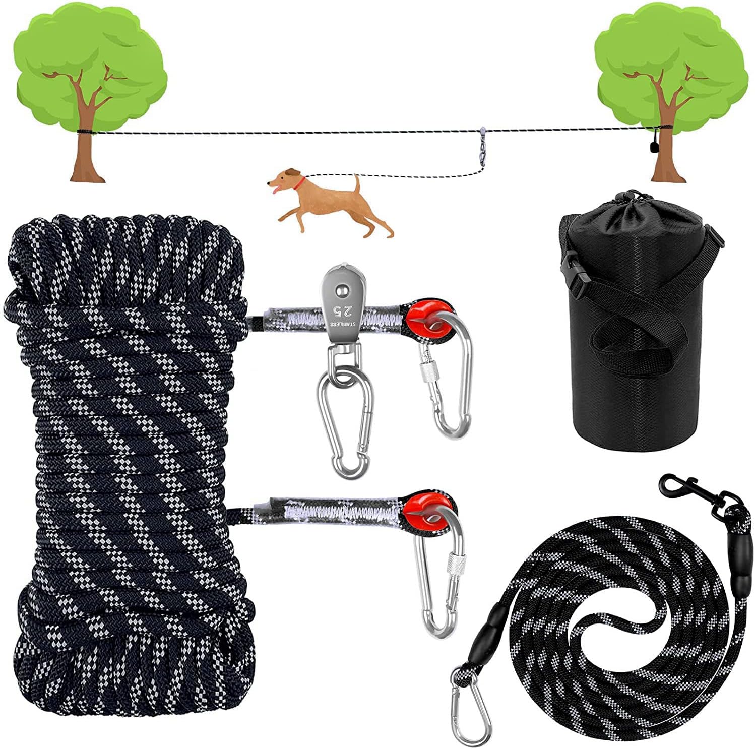 Dog Tie Out Cable for Camping,75ft Portable Overhead Trolley System