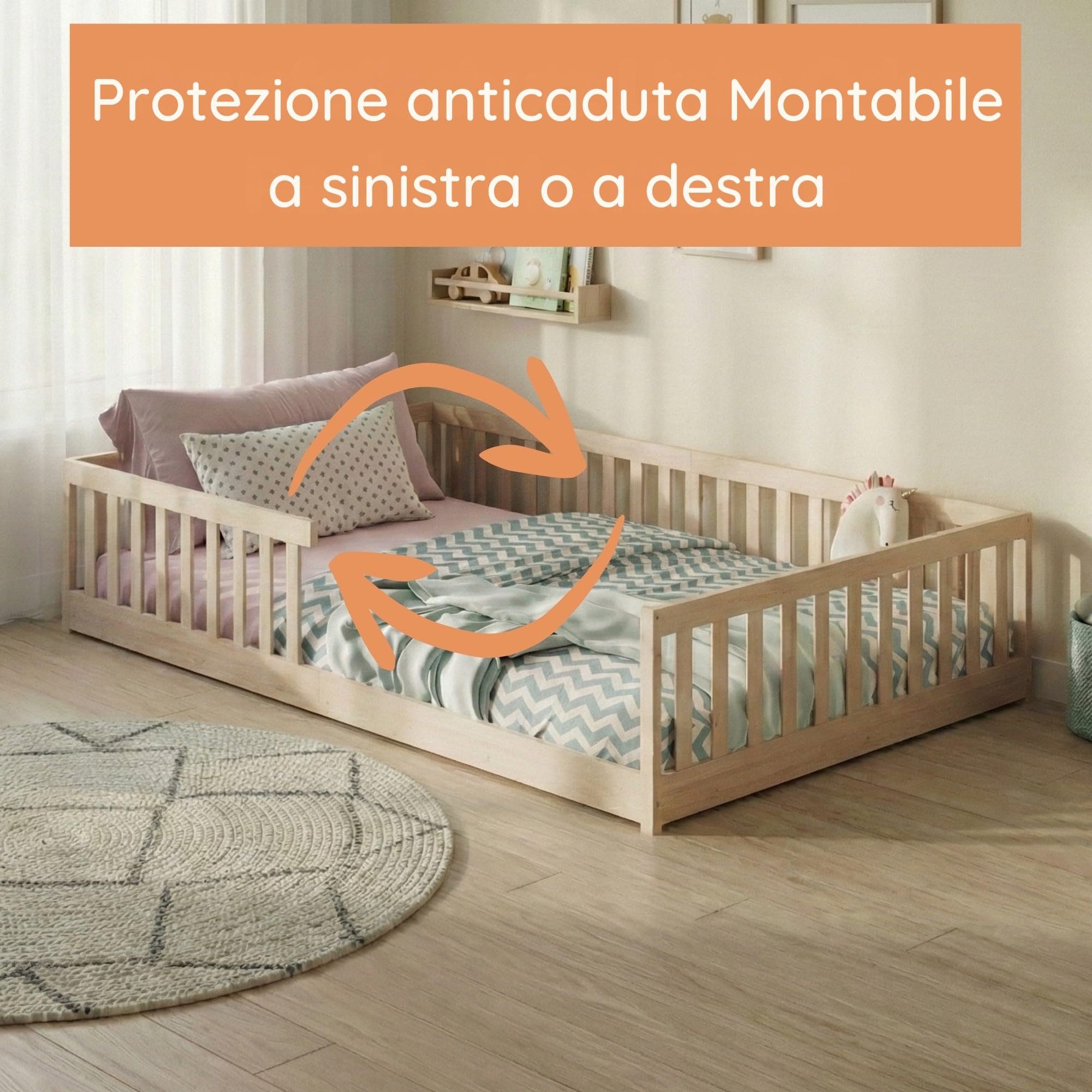 Kids Collective Letto per bambini Letto da terra 140 x 200 cm con protezione anticaduta e rete a doghe Letto Montessori Letto per bambini Naturale Altre misure 90 x 200 cm 140 x 200 cm