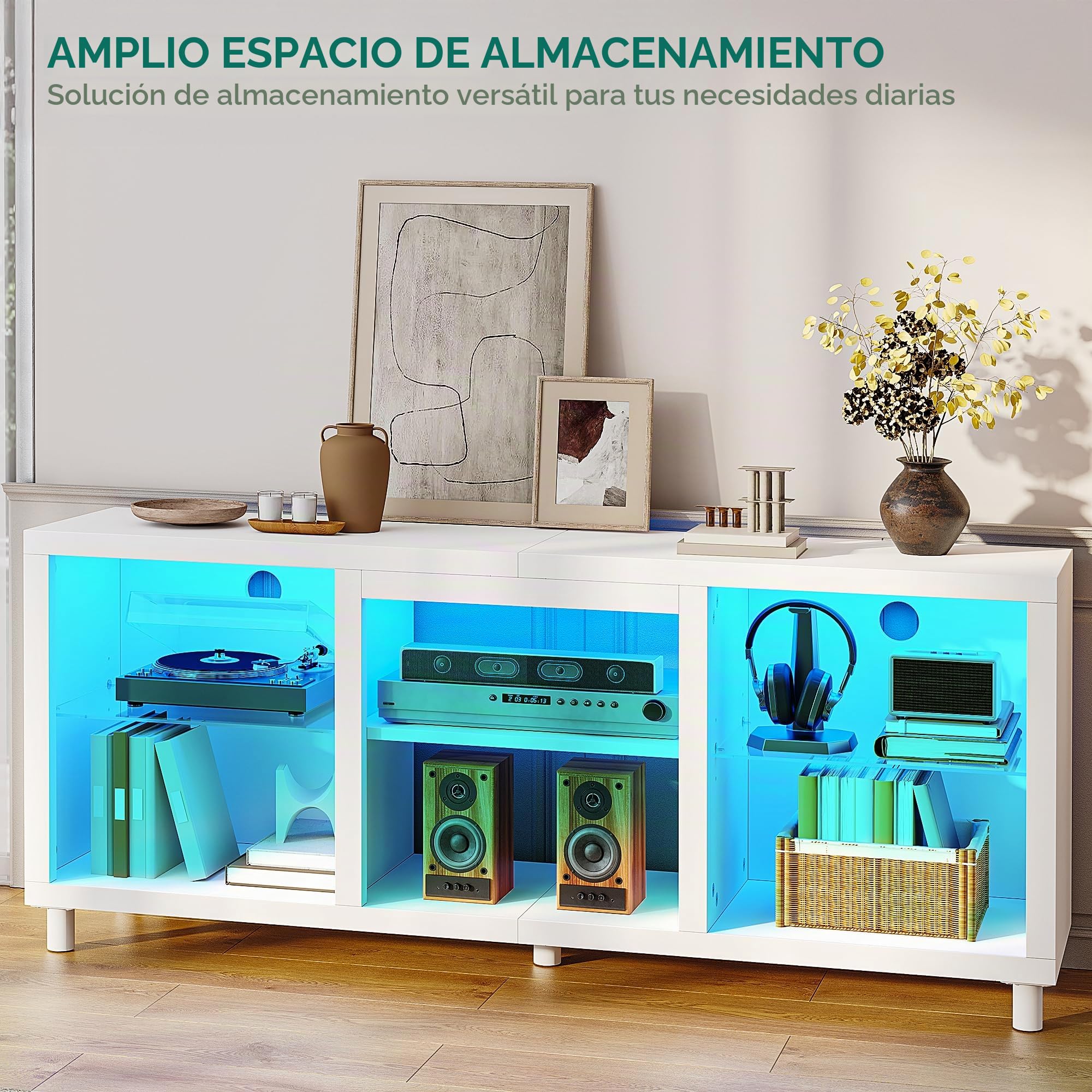 YITAHOME Mueble de TV para televisores de 65", Mueble de TV para Salón con Luces LED, Consola de TV LED con Estante Ajustable para Sala de Estar 148x35x60cm (Blanco)