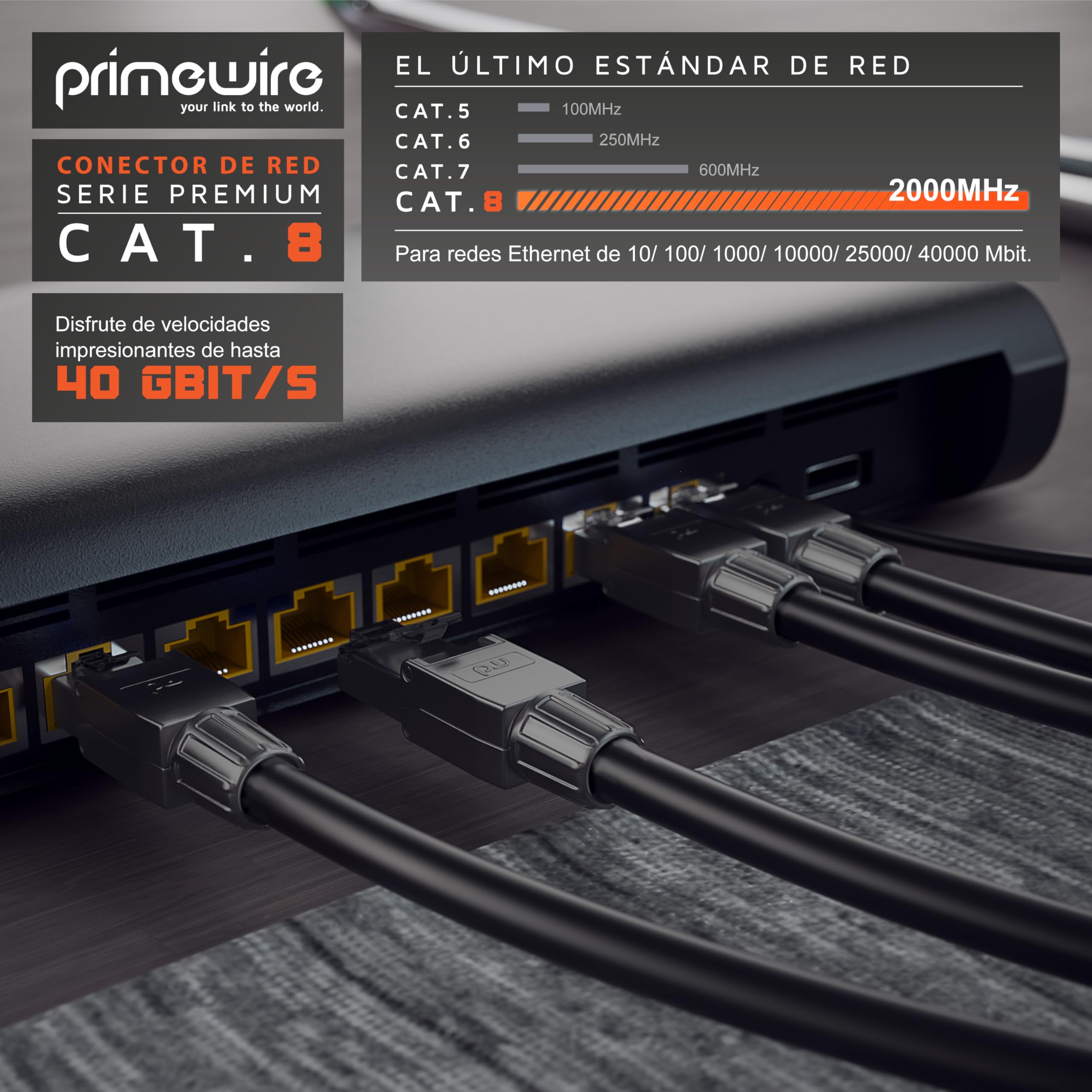 Primewire - 8X Conectores de Red Ethernet RJ45 Cat 8 Cat 7 Cat 6 - Cable LAN blindado 40 GBit/s 2000 MHz – Contactos Dorados - Conector crimpado para Cables de Red - Instalación sin Herramientas