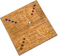 Handmade Real Wood Wahoo Marbles Board Game - 16x16 Inch 4-Player Set with Glass Marbles & Dice (Stained)