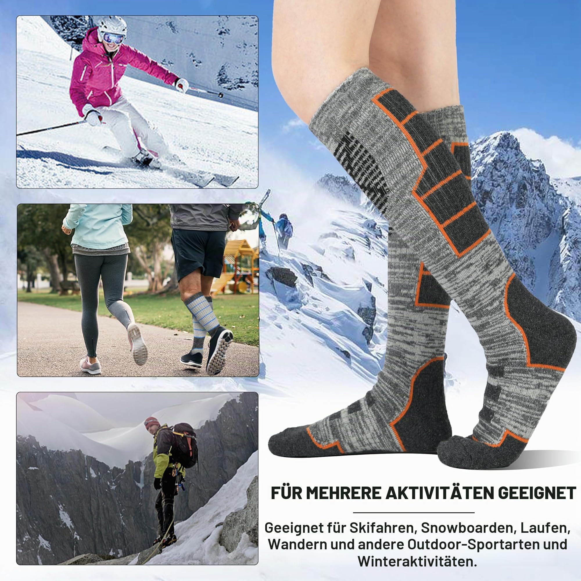 MOSEY KOSY 3 Paar Unisex Merino Wolle Skisocken Thermo Warme Winter Dicke Kniehohe Lange Sport Socken für Wandern Skifahren