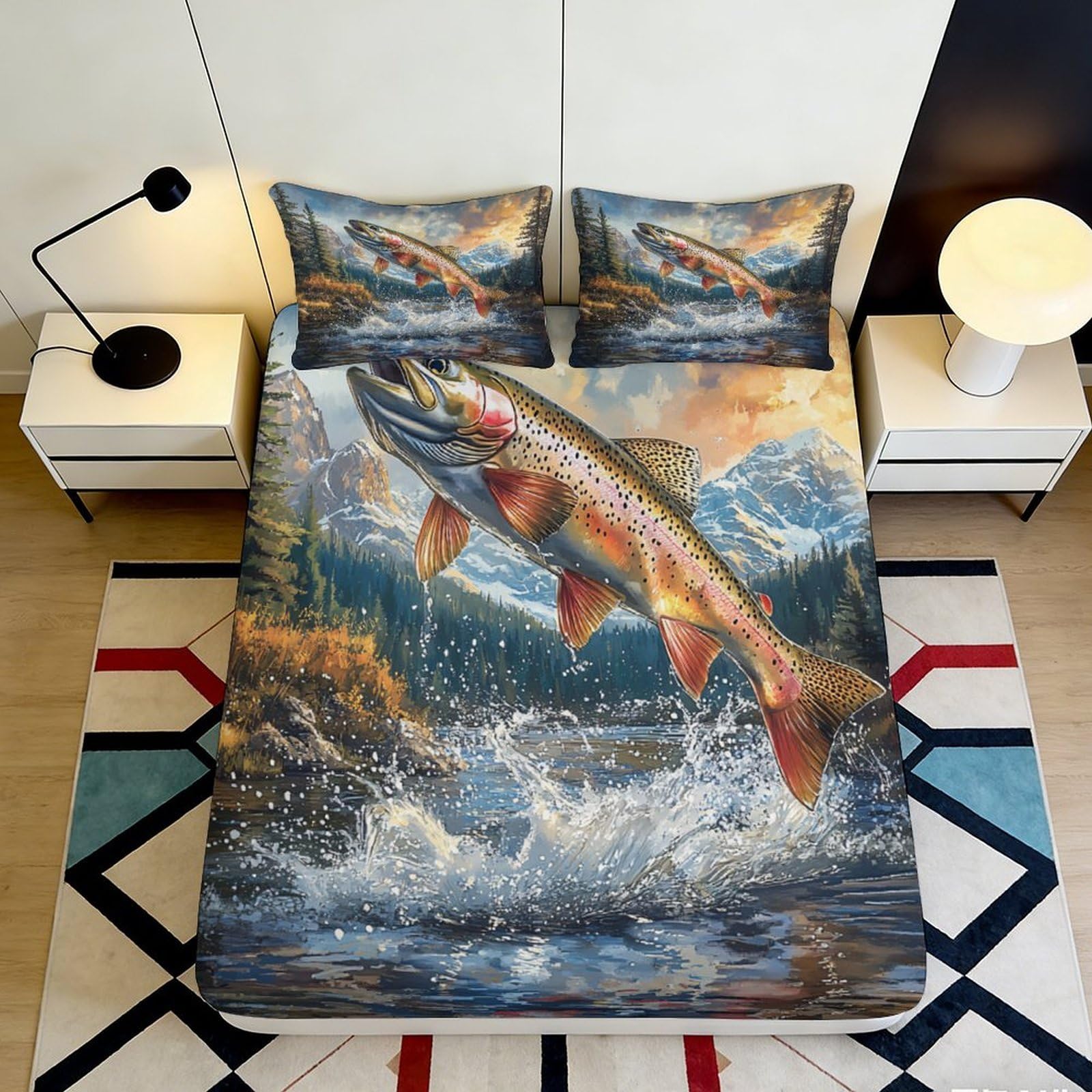 3D Printed Jumping Trout Fitted Sheet Microfiber Artistic River Landscape Bed Cover for Bedroom Guest Room Decor 90x200x25cm