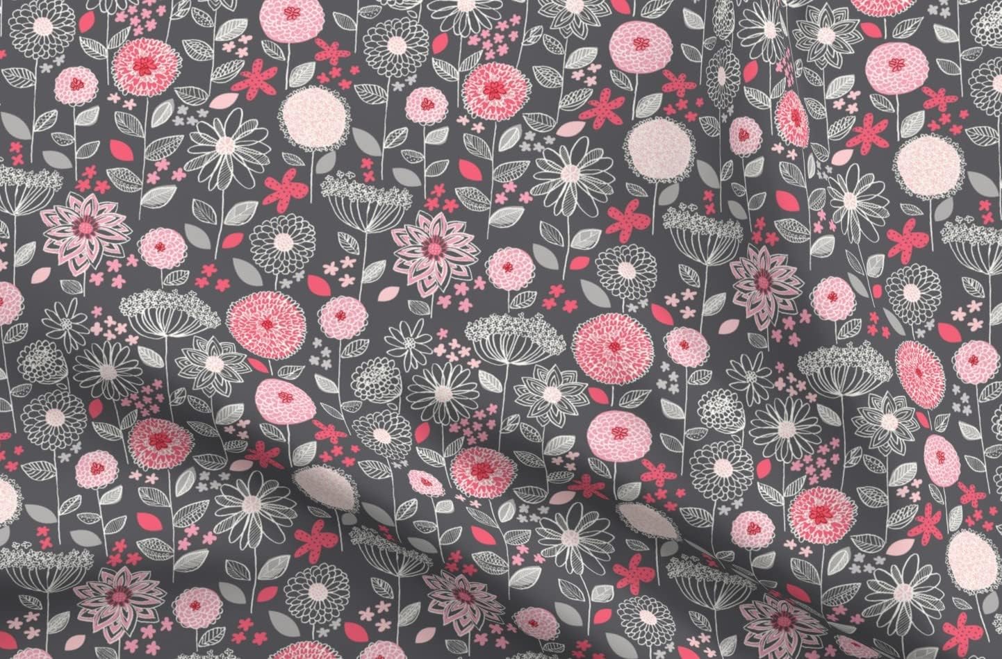 Spoonflower Fabric - Flowers Fantasy Gray Love Valentines Leaves Red Pink Printed on Organic Cotton Sateen Fabric by The Yard - Sewing Quilting Apparel Home Decor