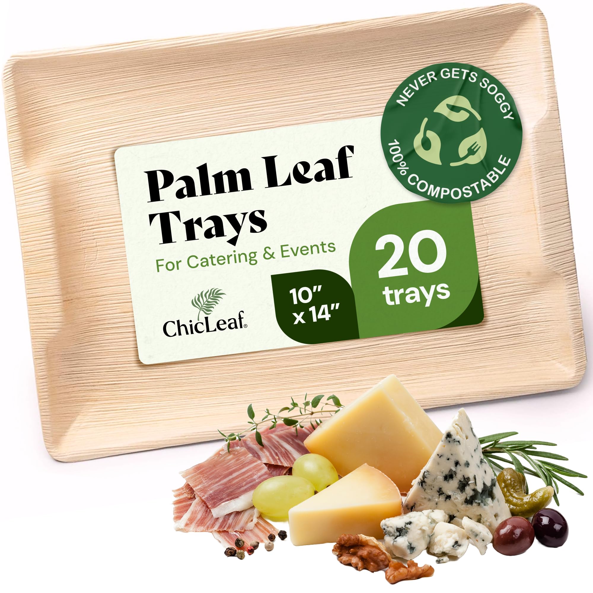 Chic Leaf Oval Palm Leaf Tray - 10" x 14", Pack of 20, Natural - Microwave & Oven Safe for BBQ Trays & Cheese Platter