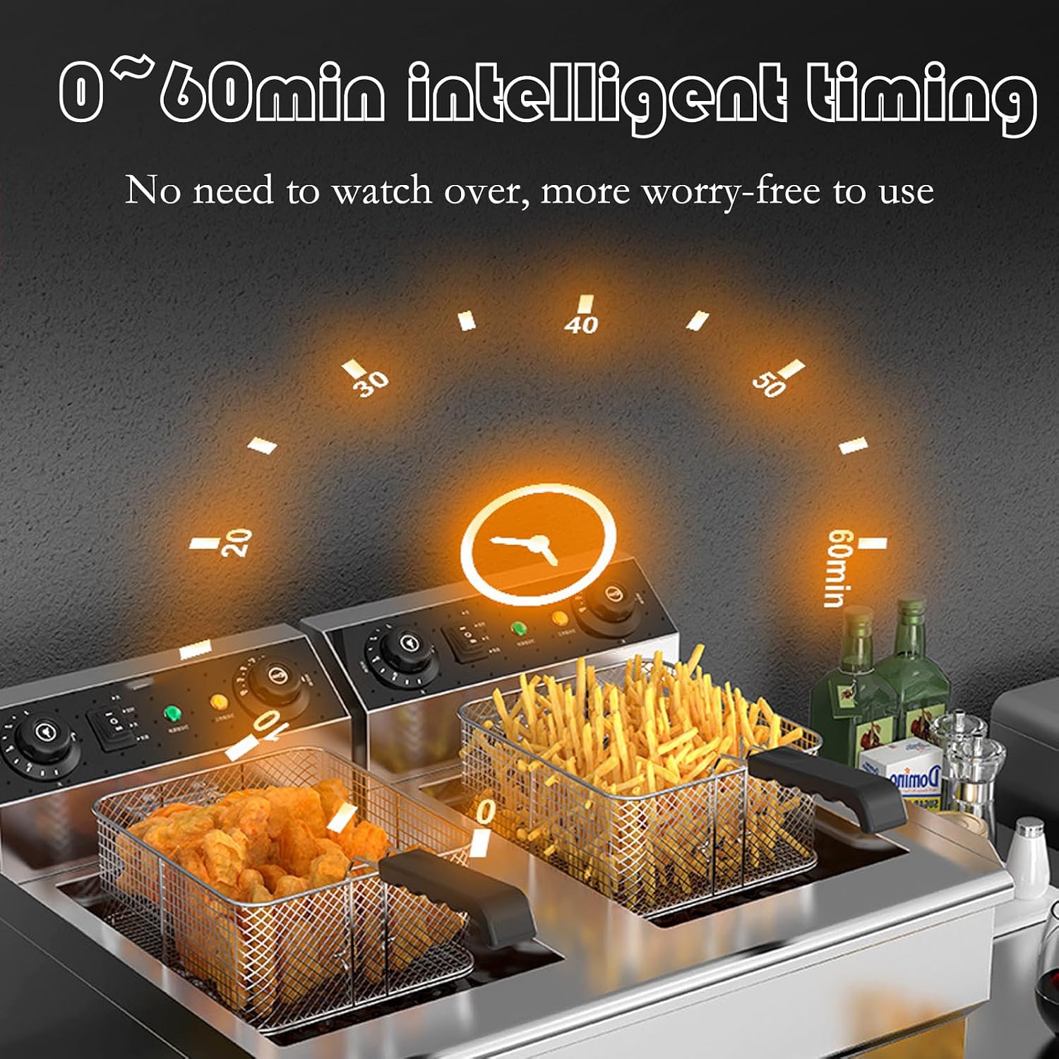 Deep Fat Fryer 16 Litre, 6000W Fryers Easy Clean, Stainless Steel Fryer, Chip Pans with Basket and Lid, Temperature Control, Non-Slip, Commercial Double Frying Machine for Chips French Fries -5L+5L