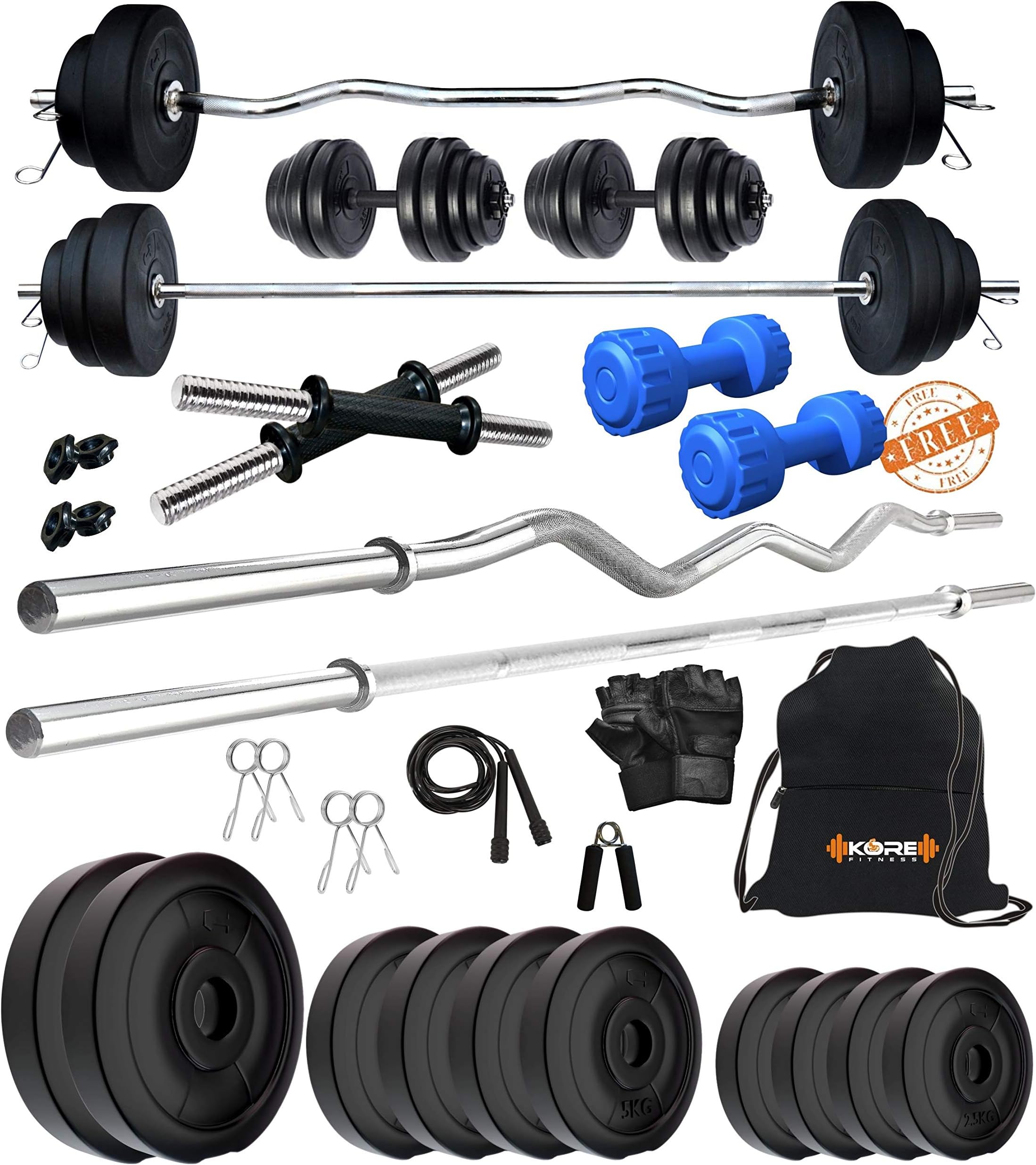 Kore PVC 20-50 Kg Home Gym Set with One Plain + One Curl and One Pair Dumbbell Rods with Gym Accessories and PVC Dumbbells