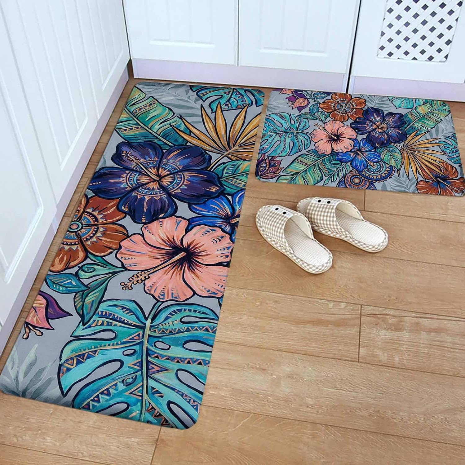 Vintage Boho Floral Kitchen Rugs and Mats Set of 2, Non-Slip Kitchen Sink Mat, Colorful Vintage Flowers Abstract Art Washable Doormat Bathroom Rugs Runner for Bedroom 19.7"x23.6"+19.7"x47.2"