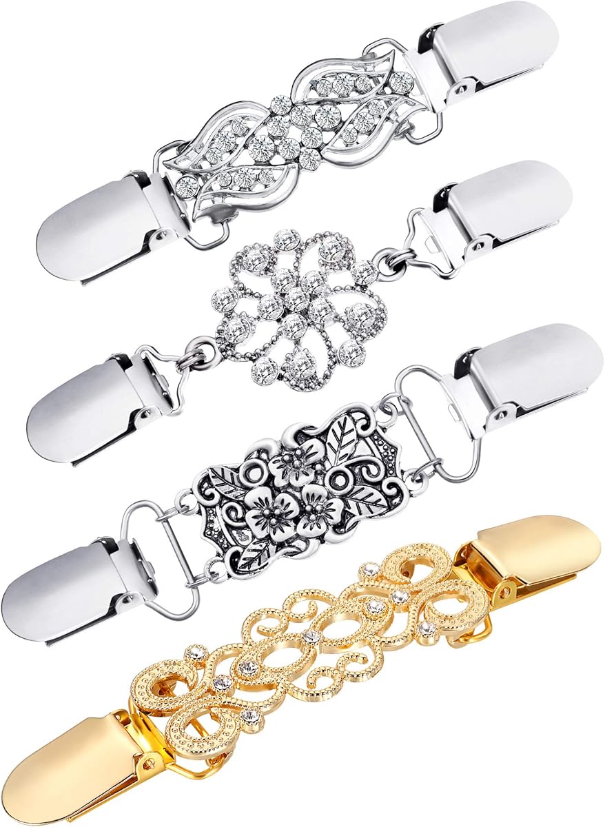 4 Pieces Vintage Sweater Shawl Clips Retro Cardigan Collar Dress Shirt Brooch Clips for Women Wearing, 4 Styles(Stylish Style)