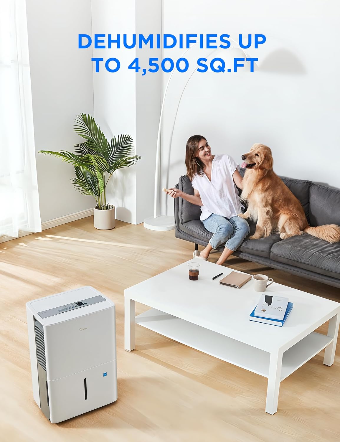 midea 4,500 sq. ft. dehumidifier with pump included, 50 pint - ideal for basements, large & medium sized rooms, and bathrooms (white) 4,500 sq. ft. with pump - wifi