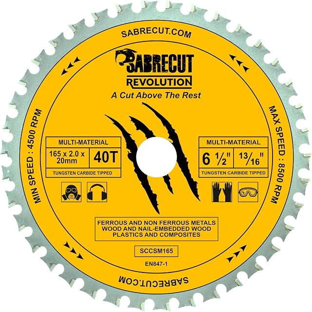 1 x SabreCut SCCSM165_40 165mm 40T x 20mm 16mm Bore Multi-Material Metal Wood Plastic Circular Saw Blade Compatible with Bosch Dewalt Makita Milwaukee and Many Others