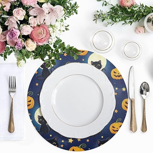 Miniatura 5 de Cute Cats Pumpkins Moon Blue Table Placemat, Washable Heat Resistant Thick Placemats for Kitchen one sizex6
