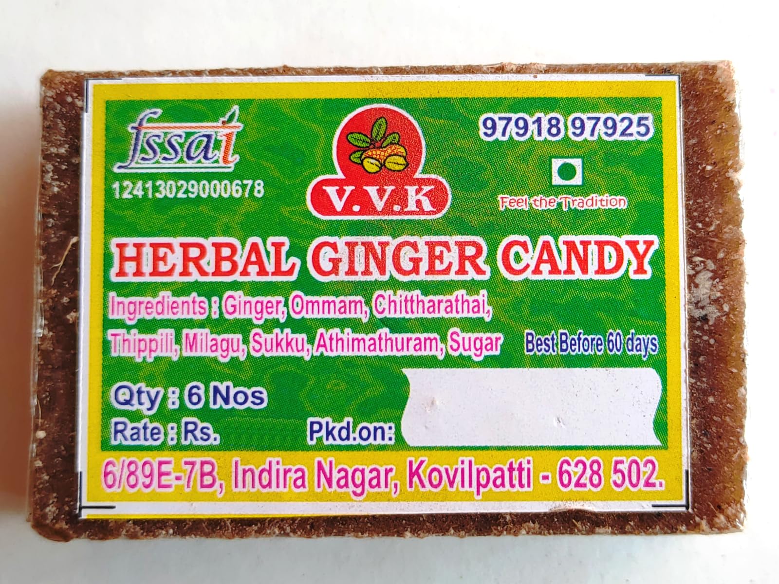 V.V.K.Sweets Kovilpatti Country Sugar Herbal Inji Marappa | Ginger Candy - Pack of 10 x (6 Pieces - 60gm) - 600gm-image-37