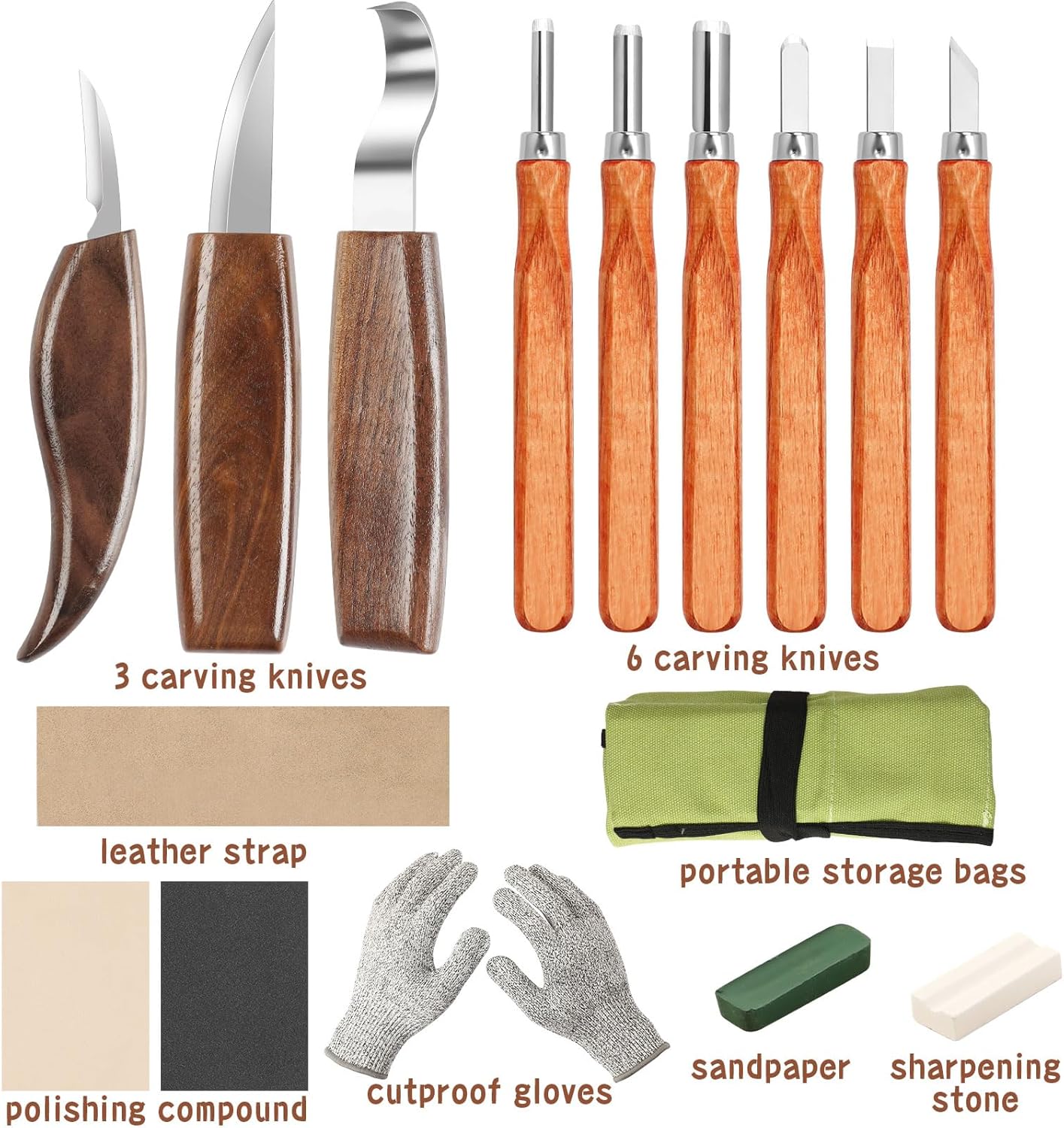 AUGSUN Wood Carving Kit, 17 Pack Wood Whittling Kit Hand Carving Knife Tools Set for DIY Sculpture Carpenter Experts & Beginners