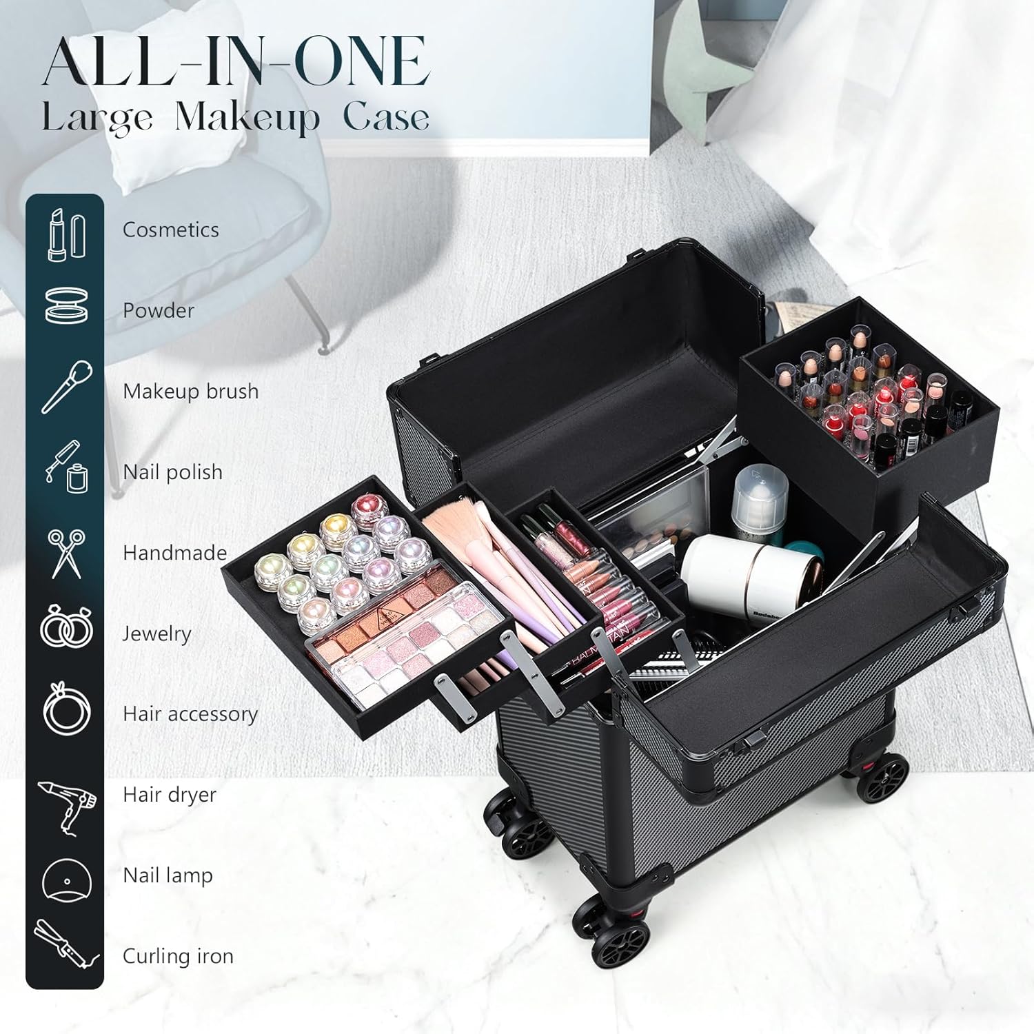 rolling makeup case, cosmetology case on wheels makeup train case professional vanity case with trays for women large travel makeup box organizer makeup trolley on wheels with key,ashy grey urban black