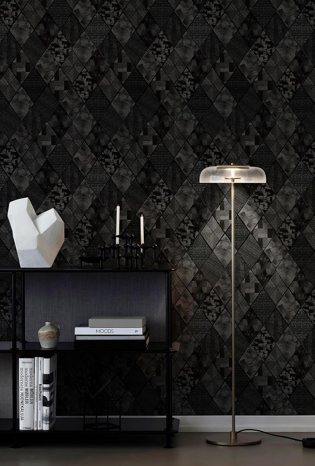 Zeeko Black Textured Peel and Stick Wallpaper 3D Embossed Geometric Linear Contact Paper Removable Waterproof Self Adhesive Wall Paper for Bedroom Bathroom Cabinets Shelf 17.3" X 800"