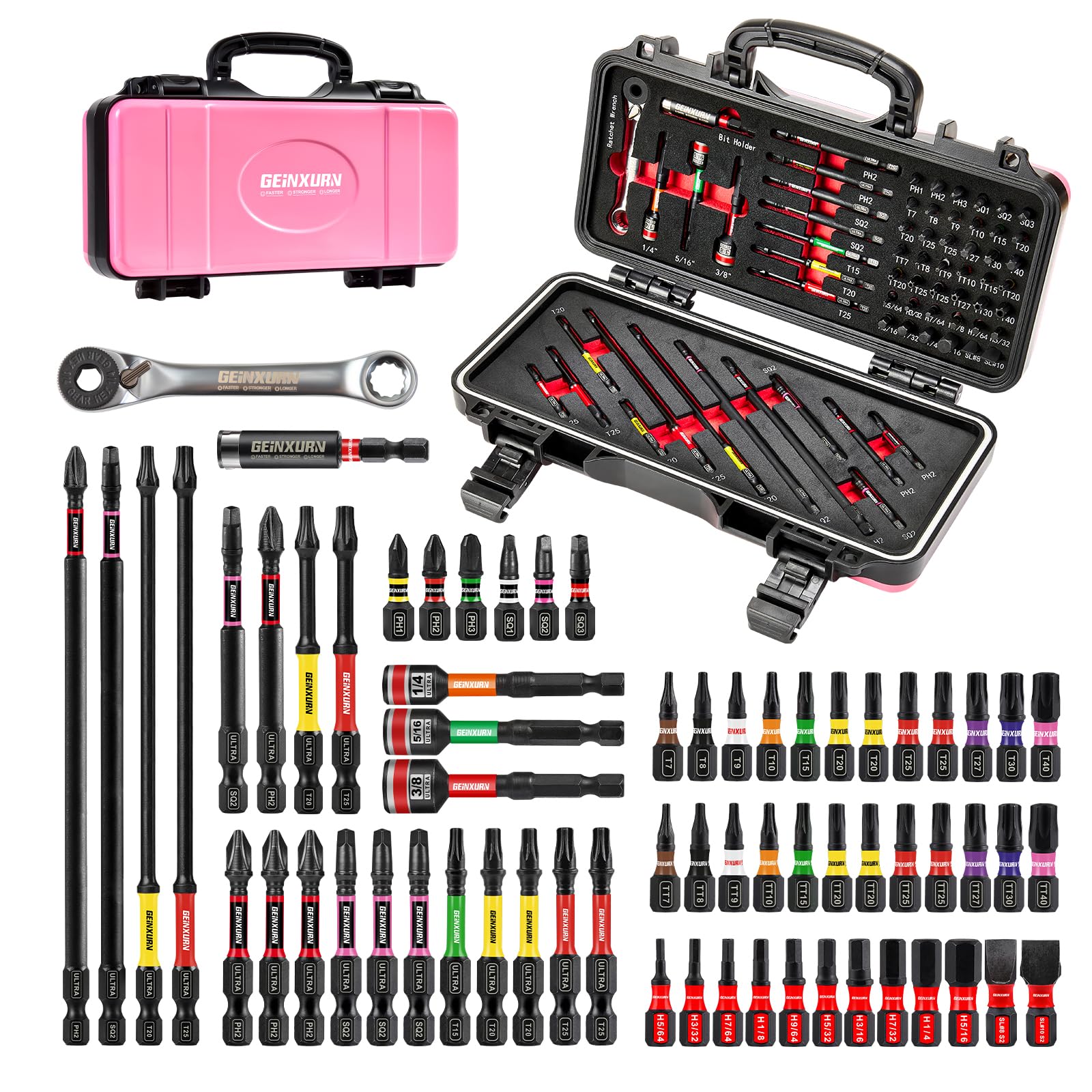 66Pcs Tools Set Packaged with Heavy-duty Tool Box, Include Impact Screwdriver Bits, Nut Driver, Mini Ratchet Wrech and Impact Bit Holder for Home Repairs DIY