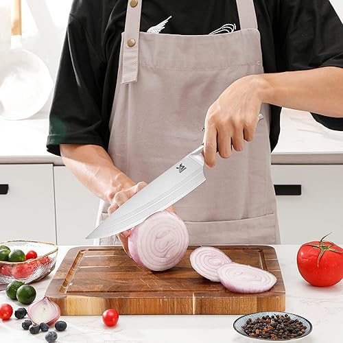 Miniatura 6 de MSY BIGSUNNY - Juego de 9 piezas de cuchillos de cocina con bloque, juego de cuchillos de acero alemán con picador de huesos, mango de madera de