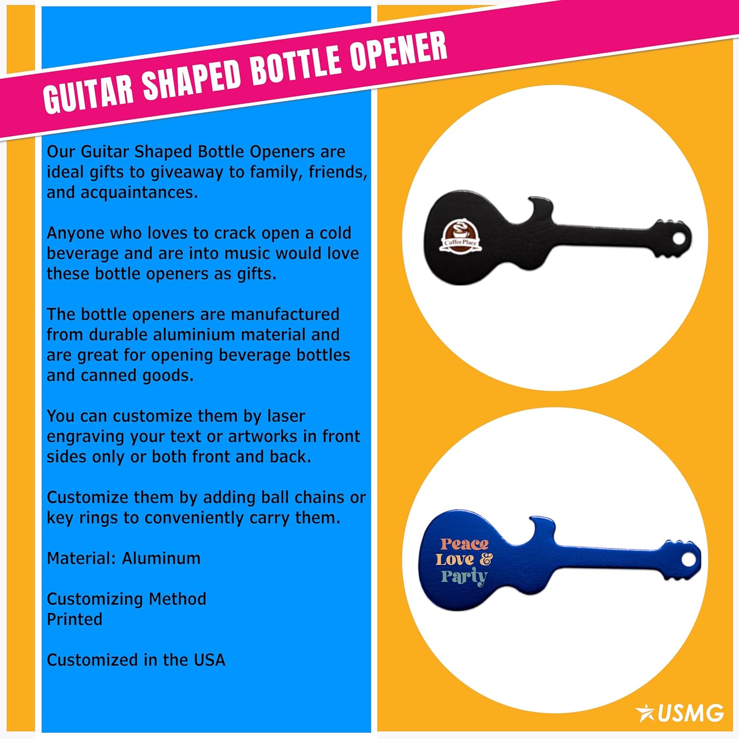 Custom Imprinted Guitar-Shaped Bottle Opener for Events, Bars, and Brand Display (Red, QTY 1000)