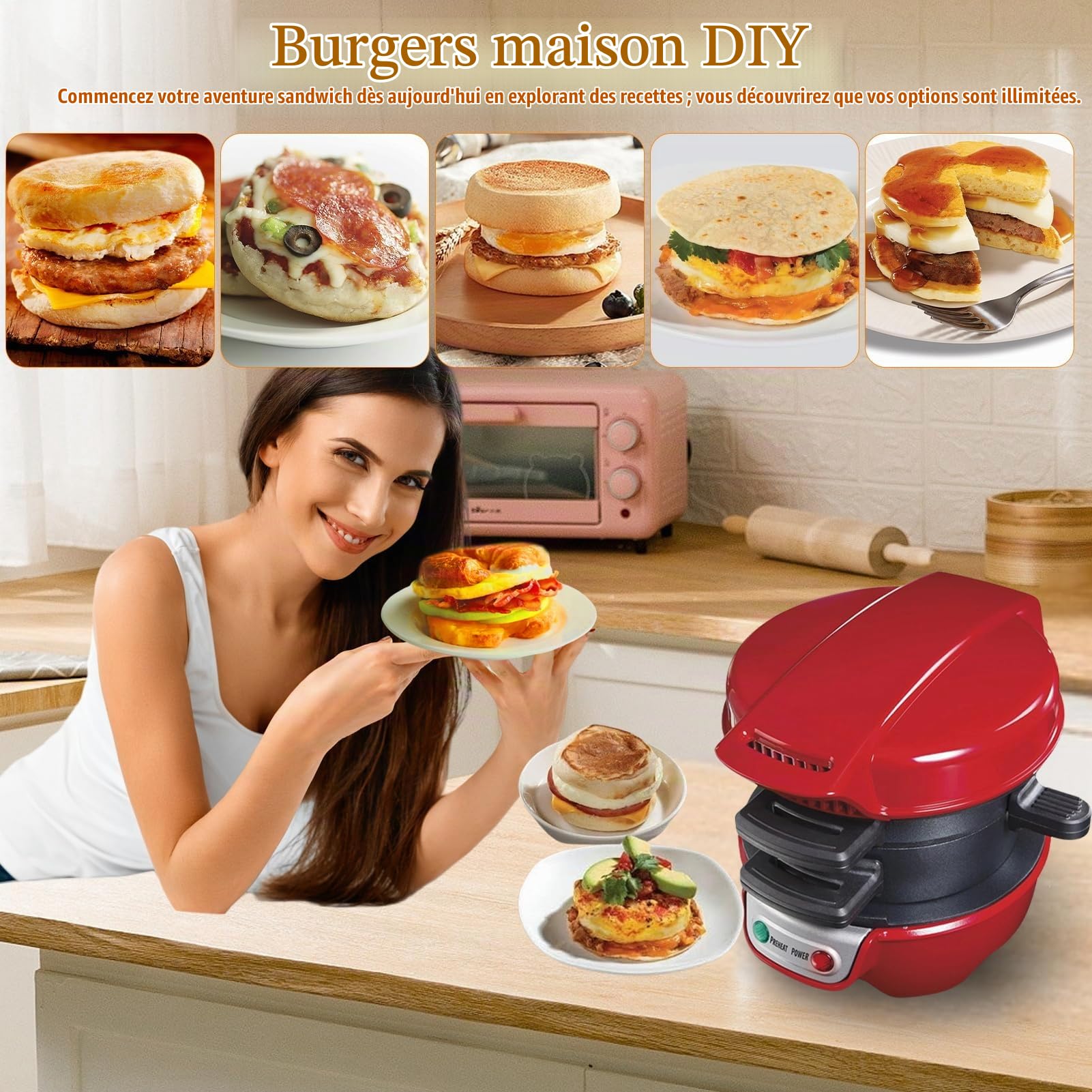 Appareils À Sandwiches, Muffin Burger Maker Et Grill Sandwich/Hamburger, Avec Une Bague À Œufs, Parfait Pour Le Hamburger, Collations, Petit Déjeuner Rapide (Rouge)