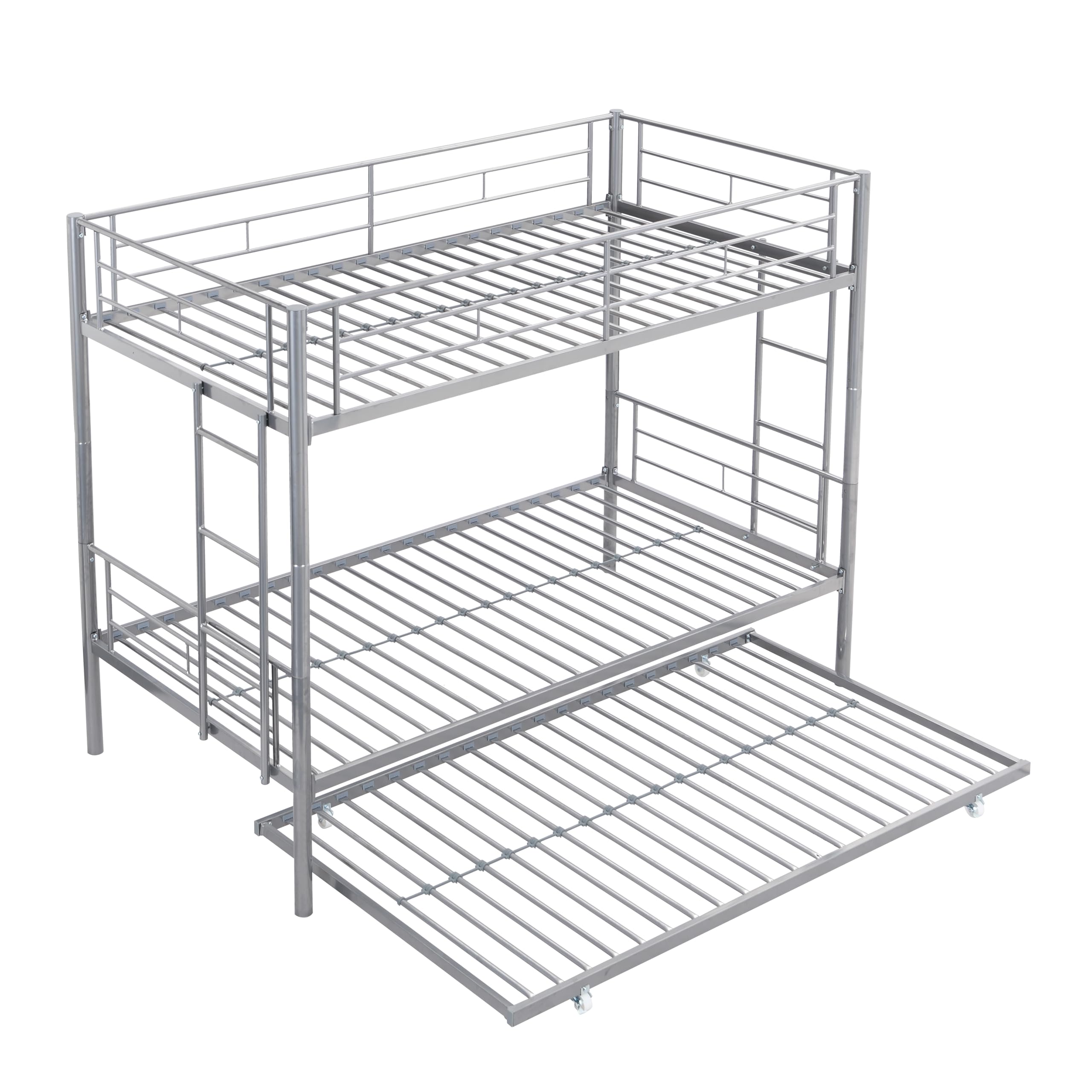 twin over twin bunk bed with trundle, metal bunk bed with built-in ladder and safety guardrail, space-saving twin bunk beds for kids, teens & adults, no box spring, silver(box 2 only)